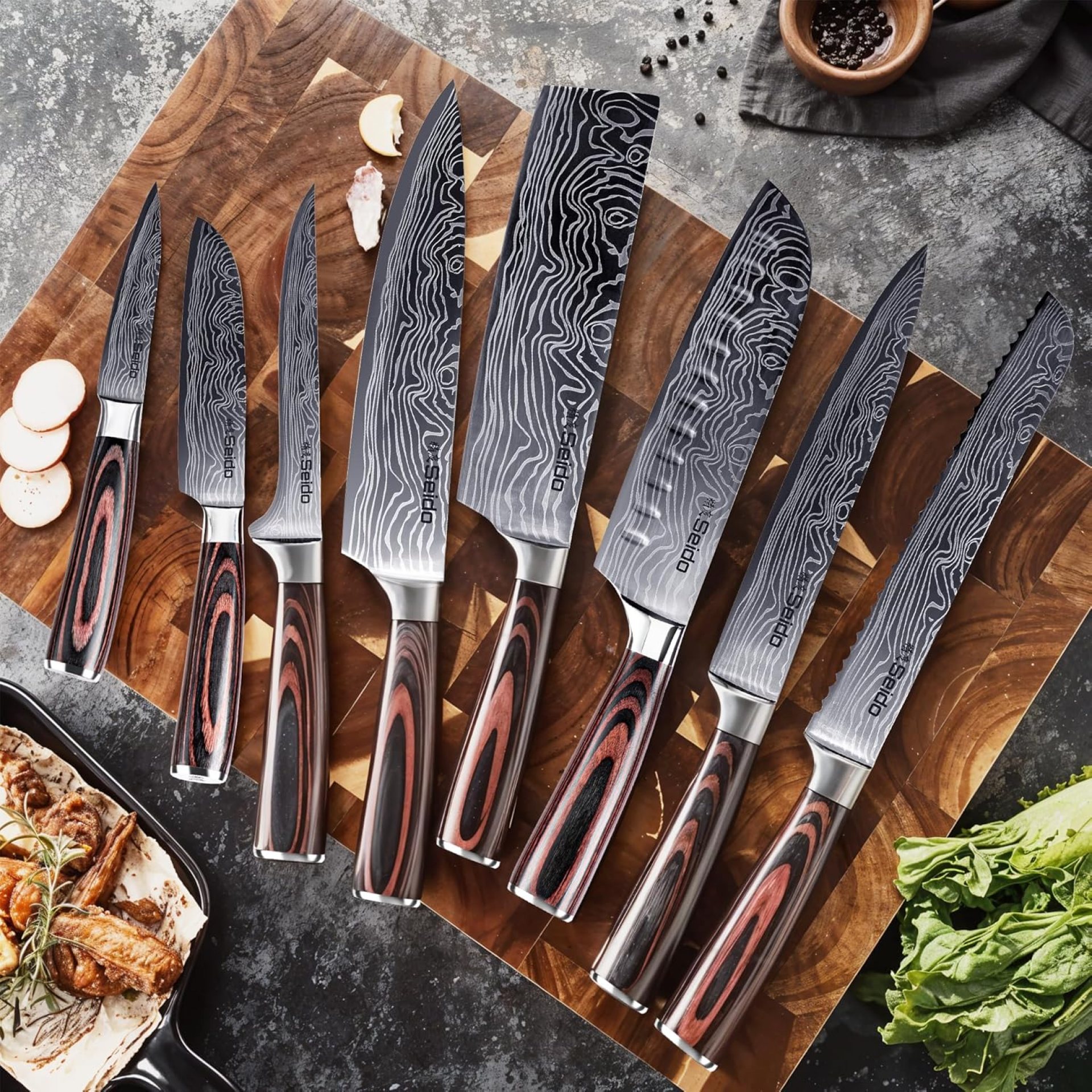 Seido Knives Master Chef Knife Set, 8-Piece Kitchen Knife Set, High-Carbon Stainless Steel Handmade Culinary Knives, Professional Chef Knives, Kitchen Knives Seido Knives Master Chef Knife Set, 8-Piece Kitchen Knife Set, High-Carbon Stainless Steel Handmade Culinary Knives, Professional Chef Knives, Kitchen Knives