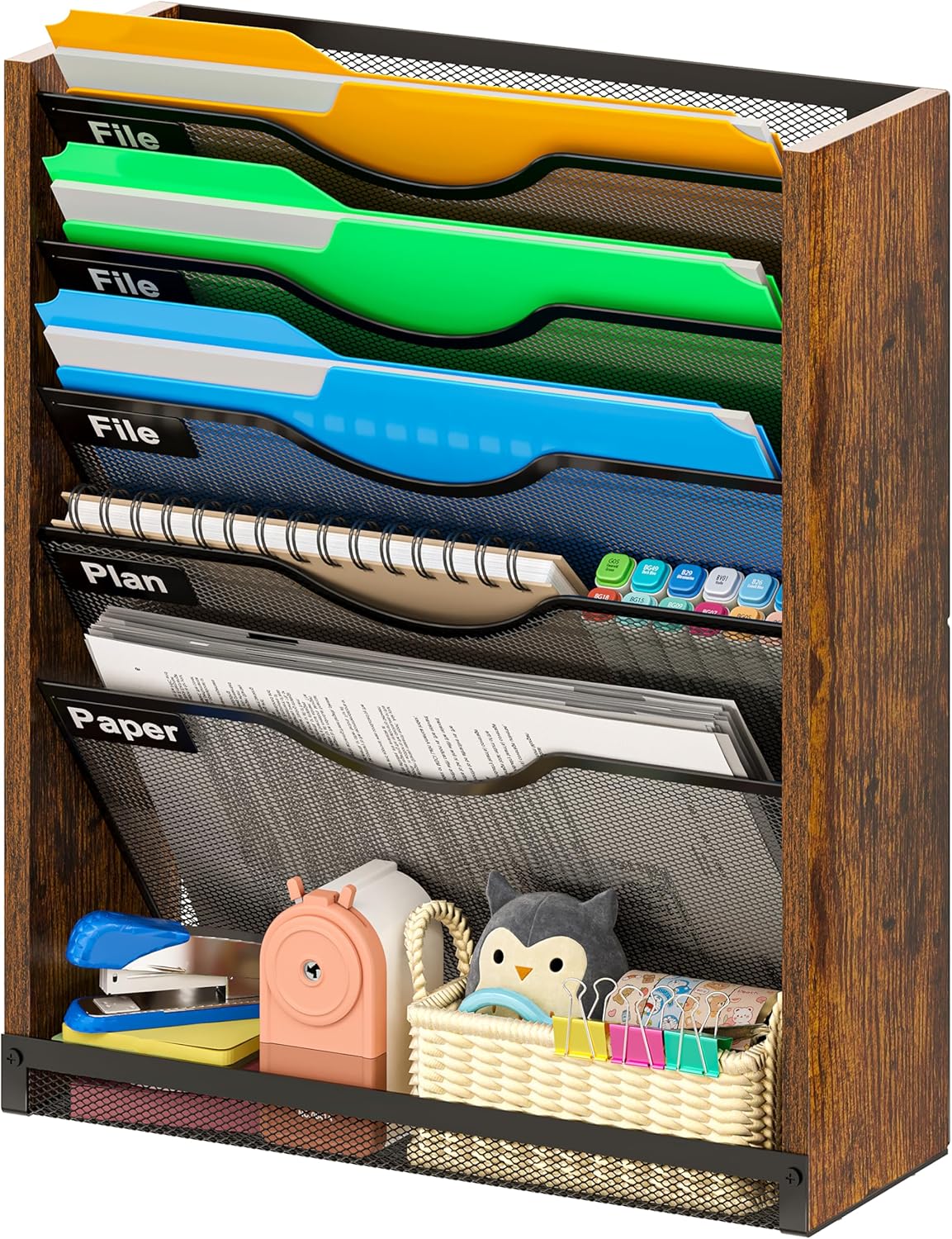 6-Tier Wall File Organizer with Bottom Tray, Ironwood Mail Organizer Wall Mounted with Metal Mesh, Document Organizer for Paper, Folder, Magazine, Office Desk Accessories for Home Cubicle Countertop 6-Tier Wall File Organizer with Bottom Tray, Ironwood Mail Organizer Wall Mounted with Metal Mesh, Document Organizer for Paper, Folder, Magazine, Office Desk Accessories for Home Cubicle Countertop
