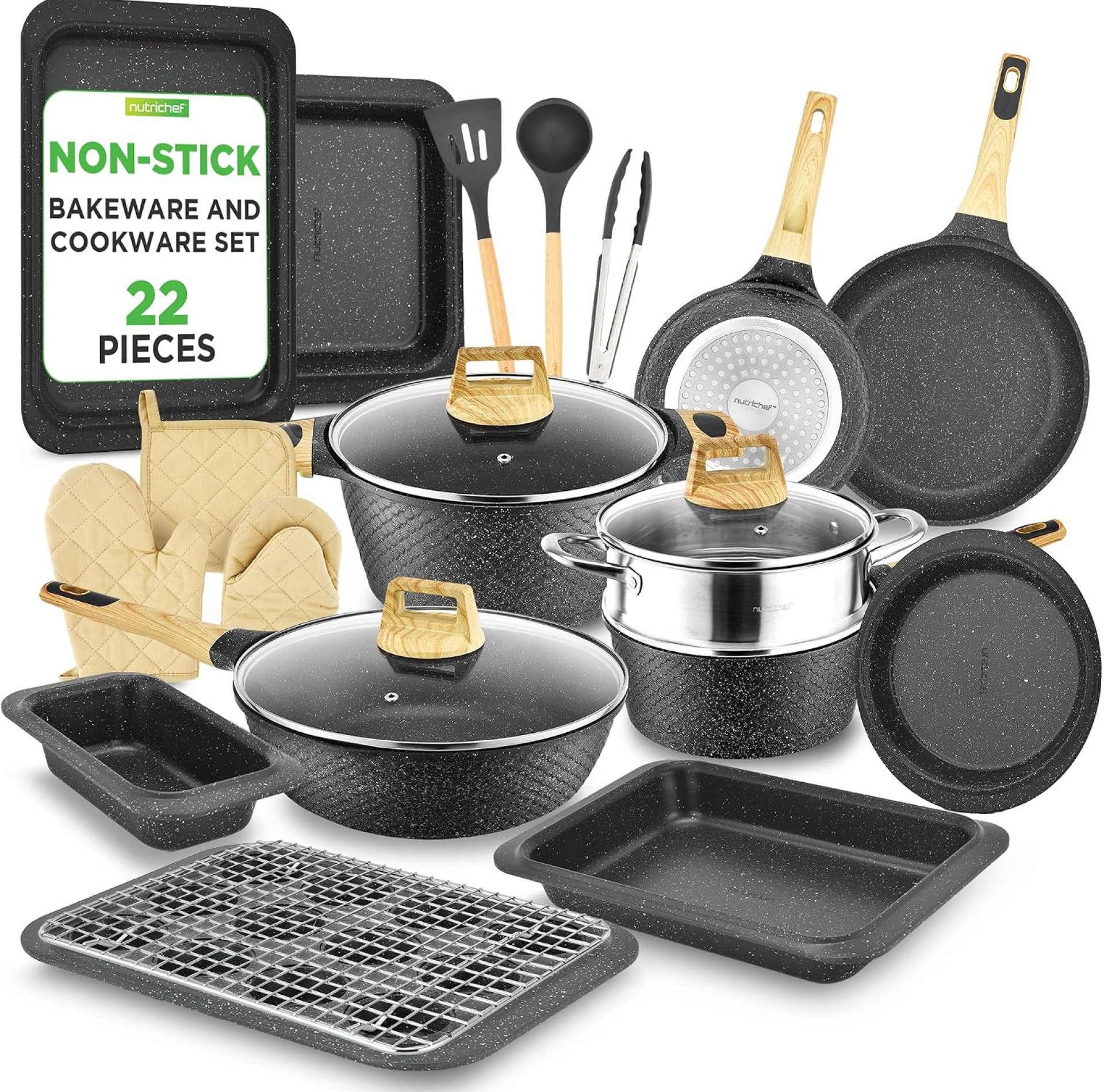 NutriChef 22-Piece Black Marble Non-Stick Cookware and Bakeware Set – Professional Home Kitchen Collection with Multi-Sized Pots, Pans, and Heat-Resistant Tools NutriChef 22-Piece Black Marble Non-Stick Cookware and Bakeware Set – Professional Home Kitchen Collection with Multi-Sized Pots, Pans, and Heat-Resistant Tools
