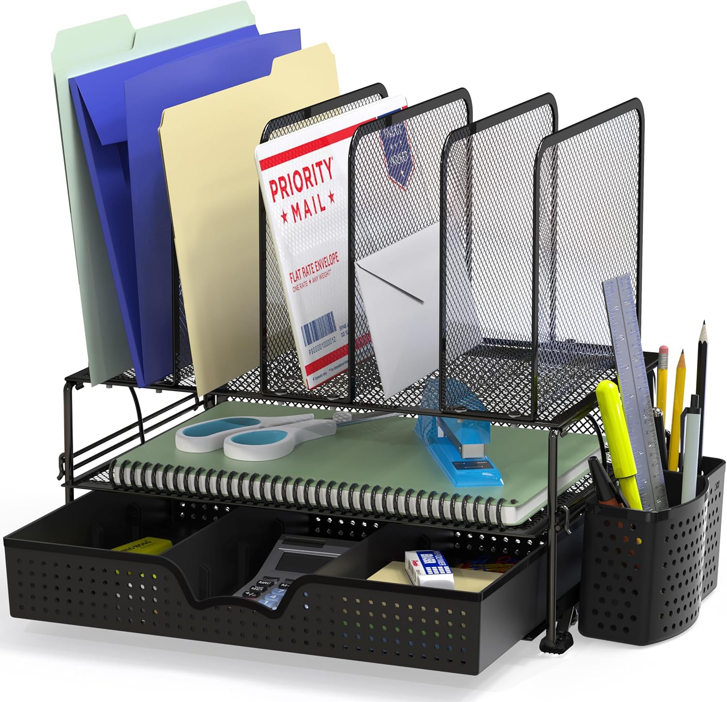 Simple Houseware Mesh Desk Organizer with Sliding Drawer, Double Tray and 5 Upright Sections, Black Simple Houseware Mesh Desk Organizer with Sliding Drawer, Double Tray and 5 Upright Sections, Black