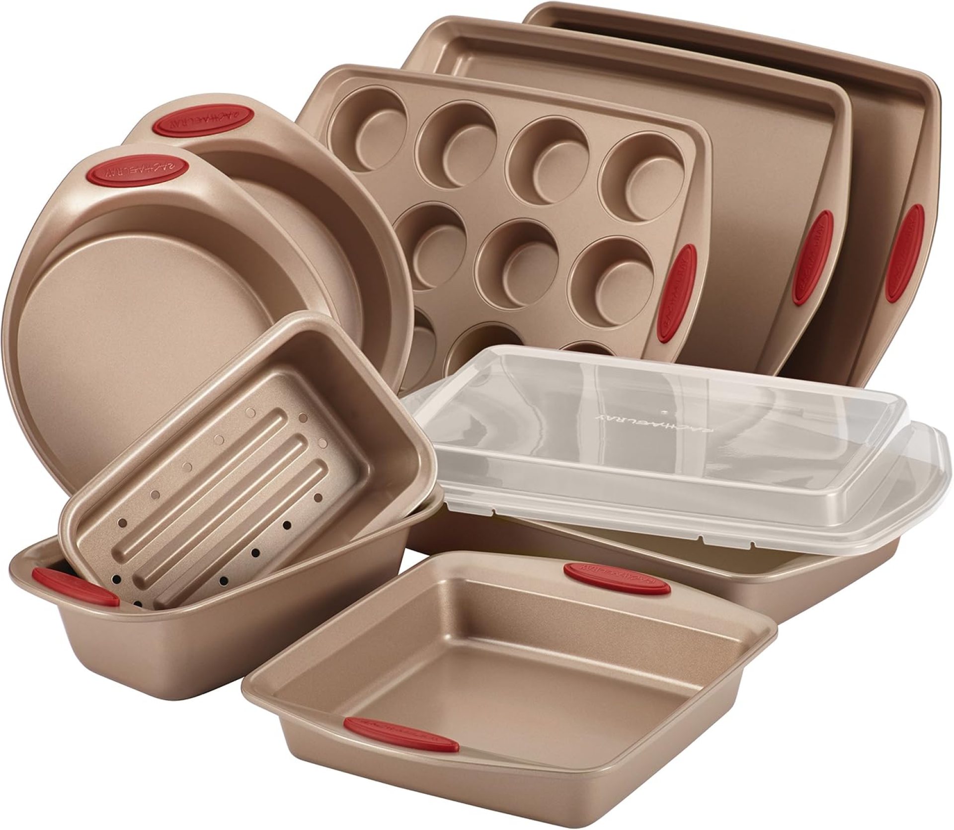 Rachael Ray Cucina Nonstick Bakeware Set Baking Cookie Sheets Cake Muffin Bread Pan, 10 Piece, Latte Brown with Cranberry Red Grips Rachael Ray Cucina Nonstick Bakeware Set Baking Cookie Sheets Cake Muffin Bread Pan, 10 Piece, Latte Brown with Cranberry Red Grips