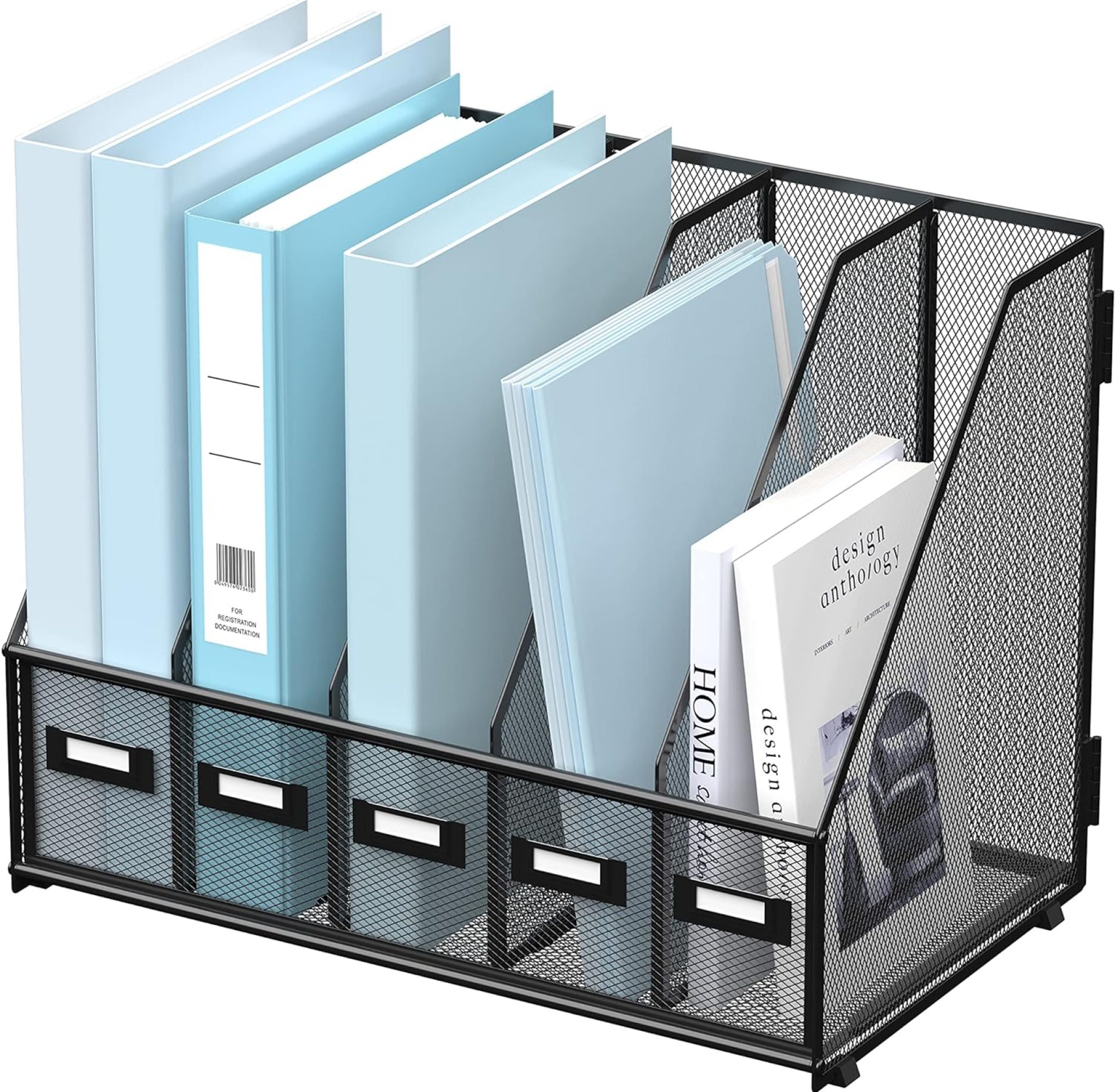 SUPEASY Desk Organizers Metal Desk Magazine File Holder with 5 Vertical Compartments Rack File Organizer for Office Desktop, Home Workspace, Black SUPEASY Desk Organizers Metal Desk Magazine File Holder with 5 Vertical Compartments Rack File Organizer for Office Desktop, Home Workspace, Black