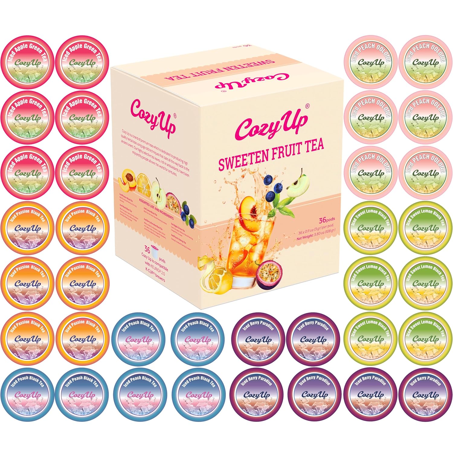 Cozy Up Iced Sweet Fruit Tea Variety Pack, 36 Count – Compatible with Keurig Brewers, Includes Berry Paradise, Peach, Passion, Lemon, Peach Oolong & Apple Green Tea – Single Serve Pods for Brew Over Ice Cozy Up Iced Sweet Fruit Tea Variety Pack, 36 Count – Compatible with Keurig Brewers, Includes Berry Paradise, Peach, Passion, Lemon, Peach Oolong & Apple Green Tea – Single Serve Pods for Brew Over Ice