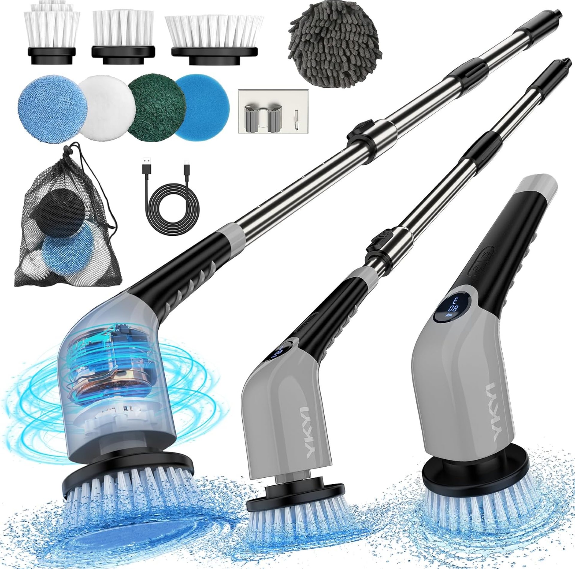 YKYI Electric Spin Scrubber,Cordless Electric Cleaning Brush,Power Scrubber with 8 Replaceable Brush Heads,3 Adjustable Speeds,Voice Broadcast,Shower Scrubber with Long Handle for Bathtub Tile Floor YKYI Electric Spin Scrubber,Cordless Electric Cleaning Brush,Power Scrubber with 8 Replaceable Brush Heads,3 Adjustable Speeds,Voice Broadcast,Shower Scrubber with Long Handle for Bathtub Tile Floor