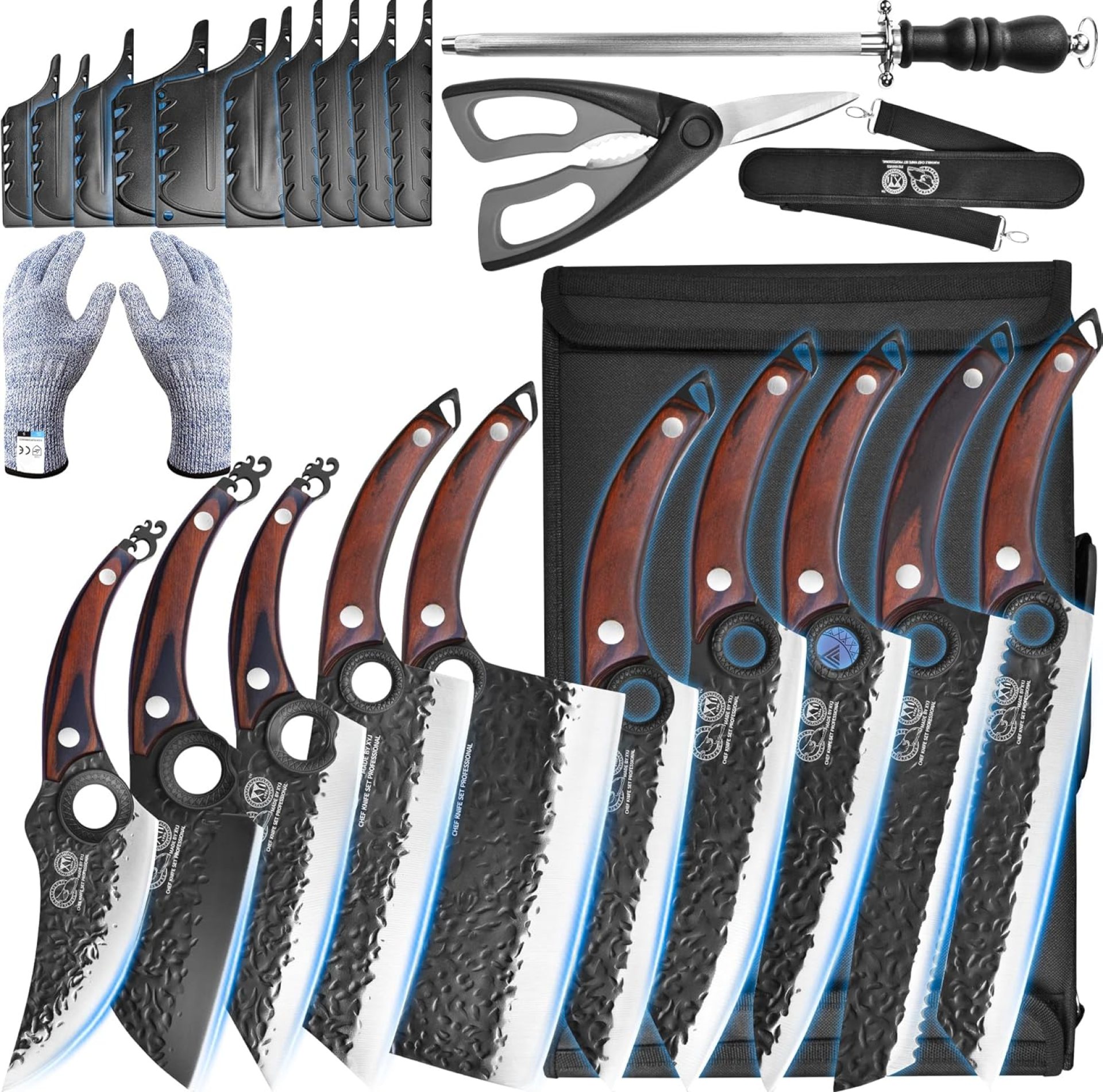 XYJ Professional Kitchen Knife Set with High-Carbon Steel Forged Blades, Chef’s Knife, Cleaver, Carving Knife, Nakiri, Full Tang Design, Includes Carrying Bag & Poultry Scissors XYJ Professional Kitchen Knife Set with High-Carbon Steel Forged Blades, Chef’s Knife, Cleaver, Carving Knife, Nakiri, Full Tang Design, Includes Carrying Bag & Poultry Scissors