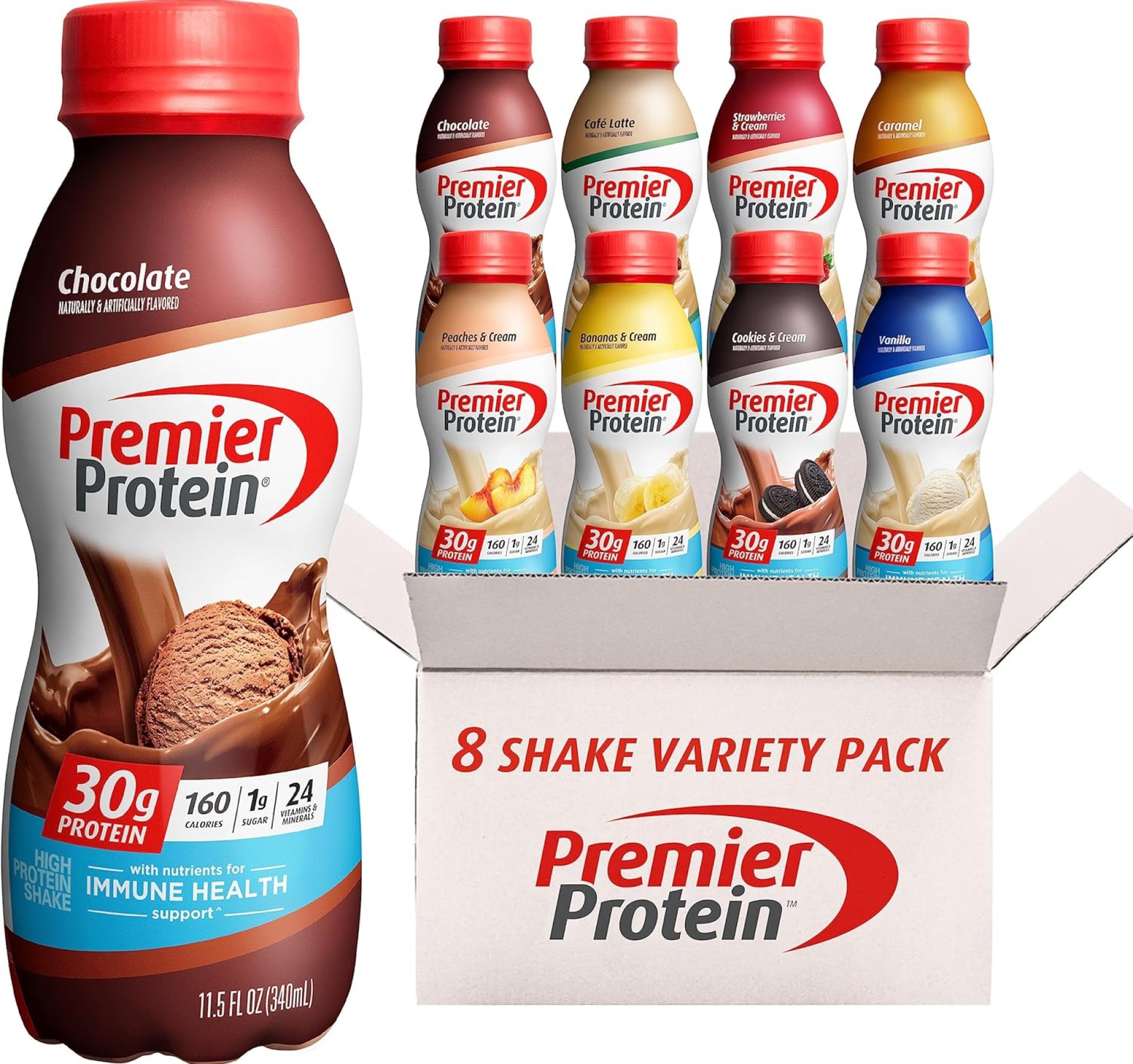 Premier Protein, Protein Shake, 8 Flavor Variety Pack, 30g Protein, 1g Sugar, 24 Vitamins & Minerals, Nutrients to Support Immune Health 11.5 Fl Oz (8 Pack) Premier Protein, Protein Shake, 8 Flavor Variety Pack, 30g Protein, 1g Sugar, 24 Vitamins & Minerals, Nutrients to Support Immune Health 11.5 Fl Oz (8 Pack)
