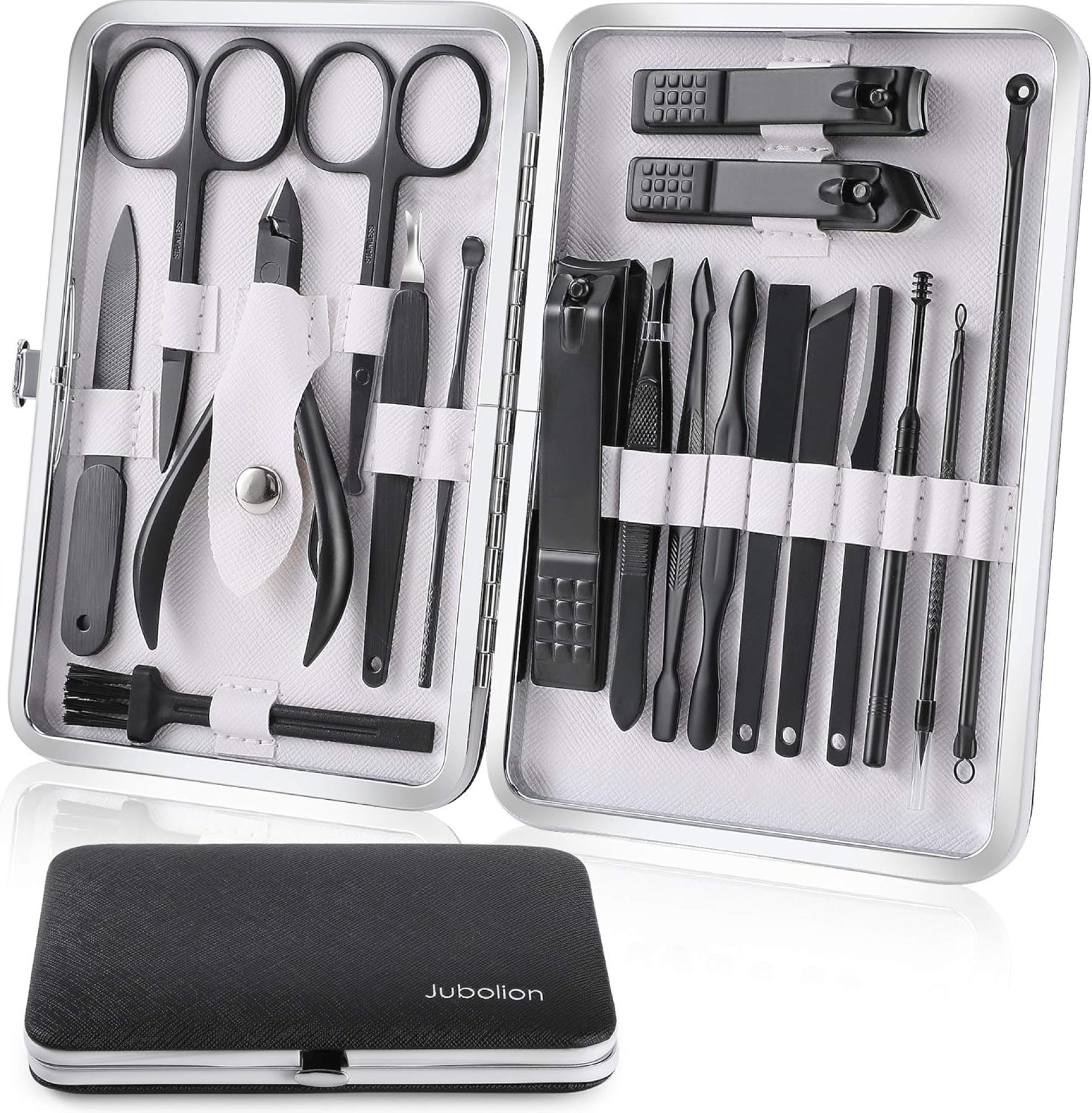 Manicure Set, Jubolion 19pcs Stainless Steel Professional Nail Clippers Pedicure Set with Black Leather Storage Case, Portable Grooming Kit for Travel or Home, Perfect Gifts Women and Men (Black) Manicure Set, Jubolion 19pcs Stainless Steel Professional Nail Clippers Pedicure Set with Black Leather Storage Case, Portable Grooming Kit for Travel or Home, Perfect Gifts Women and Men (Black)