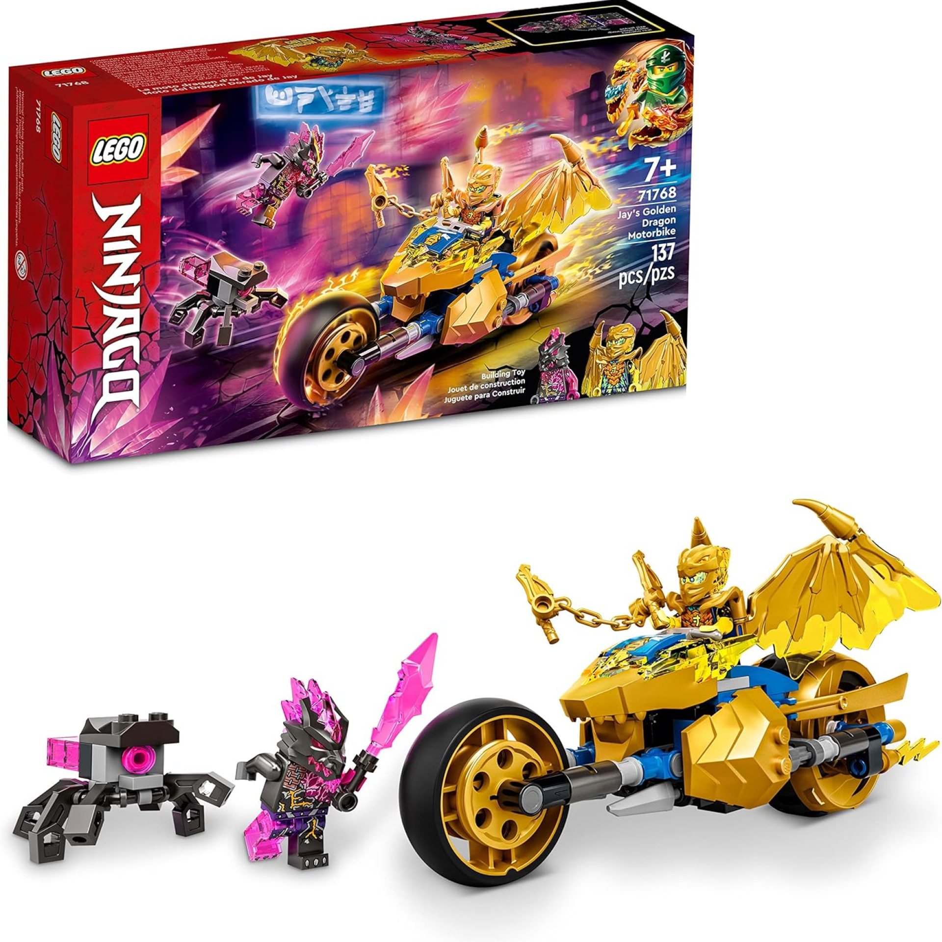 LEGO NINJAGO Jay’s Golden Dragon Set, 71768 Toy Motorcycle with Dragon, Spider Figure and Jay Minifigure, Birthday Gift Idea for Kids 7 Plus LEGO NINJAGO Jay’s Golden Dragon Set, 71768 Toy Motorcycle with Dragon, Spider Figure and Jay Minifigure, Birthday Gift Idea for Kids 7 Plus