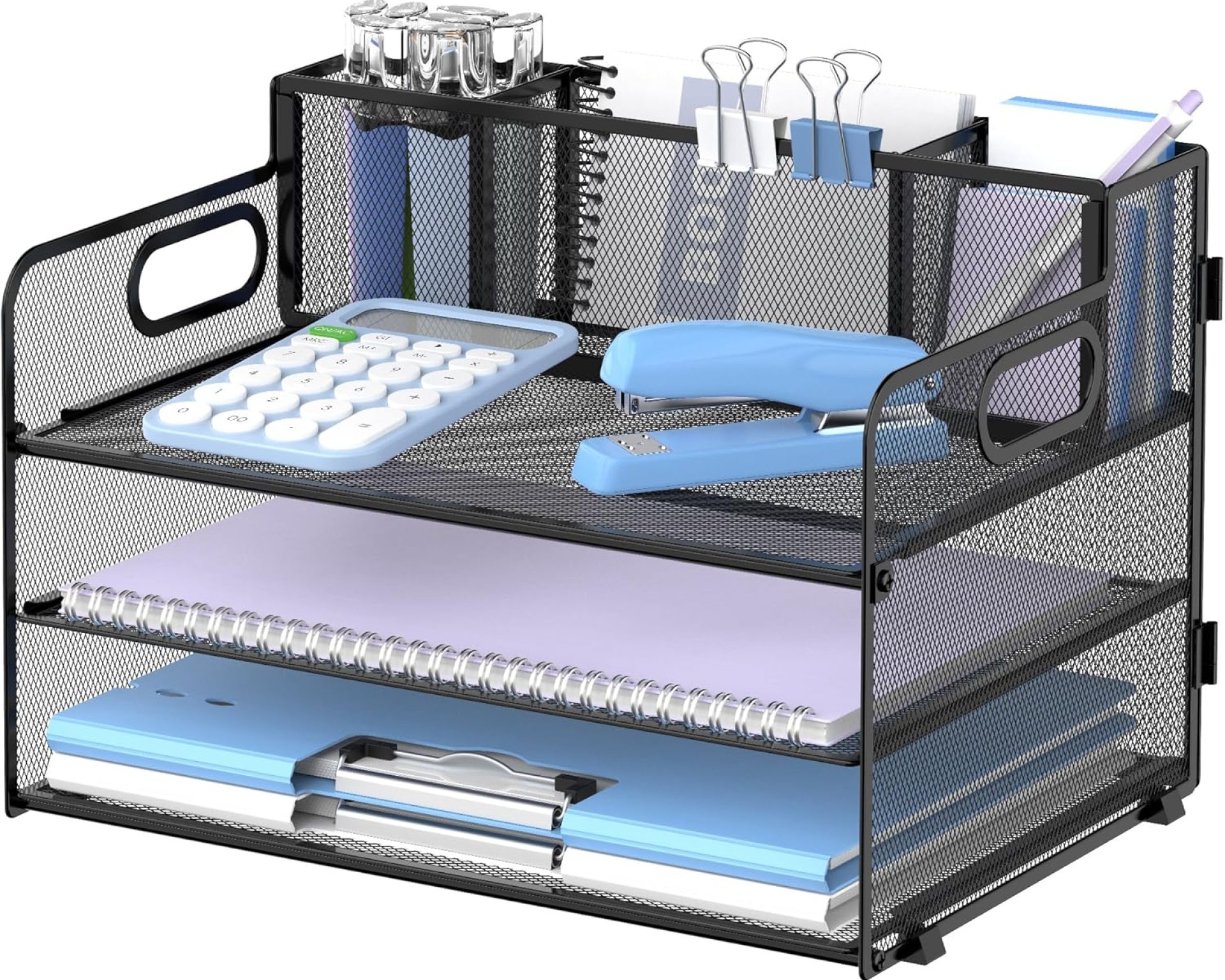 SUPEASY 3 Tier Desk Organizer with Handle & 3 Pen Holders, Mesh Paper/File Organizer for Desk, Paper Letter Tray Organizer for Office Supplies (Black) SUPEASY 3 Tier Desk Organizer with Handle & 3 Pen Holders, Mesh Paper/File Organizer for Desk, Paper Letter Tray Organizer for Office Supplies (Black)