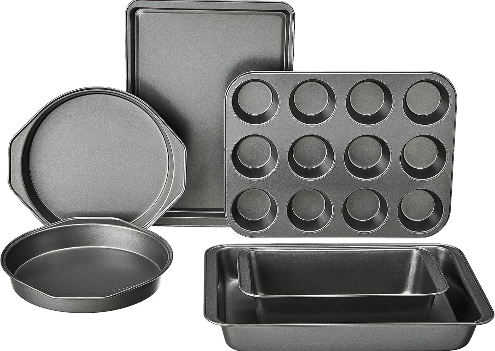 Amazon Basics 6 Piece Nonstick, Carbon Steel Oven Safe Bakeware Set with Cake, Muffin, Cookie, and Loaf Pans, 6 Piece, 16.25 x 11.75 x 6.25 inches Amazon Basics 6 Piece Nonstick, Carbon Steel Oven Safe Bakeware Set with Cake, Muffin, Cookie, and Loaf Pans, 6 Piece, 16.25 x 11.75 x 6.25 inches