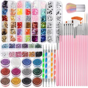 FANDAMEI Nail Art Decoration Kit, Design Tools Set with Nail Art Brushes, Dotting Tools, Fine Glitter, Butterfly Heart Sequins, Foil Flakes, Nail Rhinestones, Dust Brush