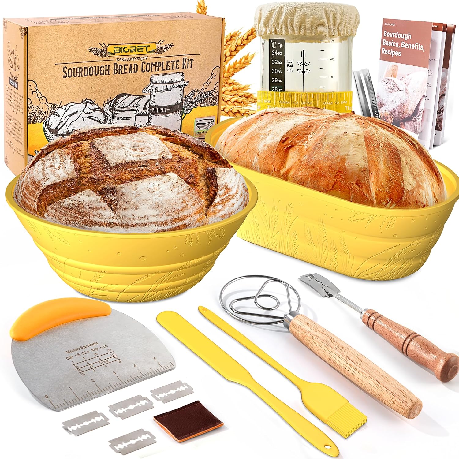 Sourdough Bread Baking Supplies 34 OZ Sourdough starter kit with 2 Bread Proofing Basket – Yellow Sourdough Bread Baking Supplies 34 OZ Sourdough starter kit with 2 Bread Proofing Basket – Yellow