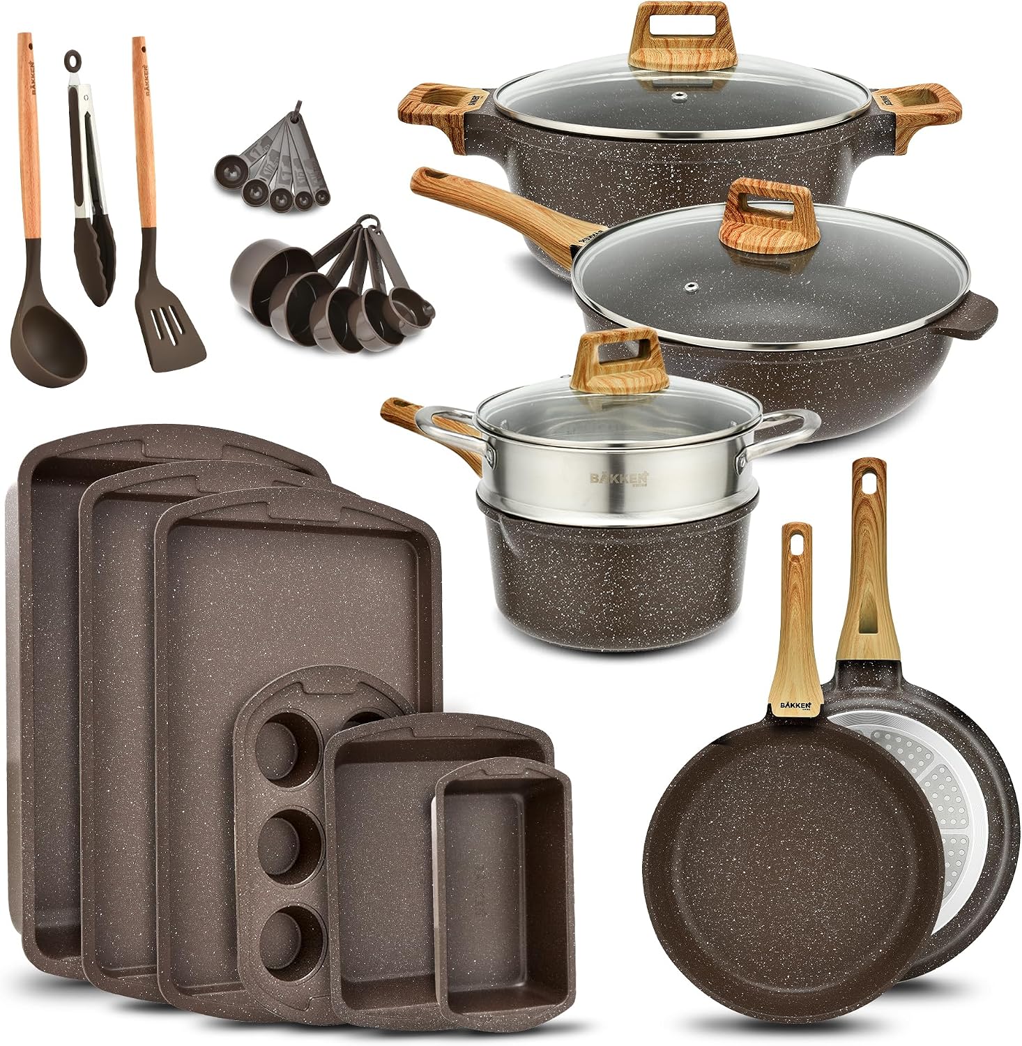 Bakken Master 20 Piece Cookware Set – Pots and Pans with Handle Grips and Tempered Glass Lids, With 6-piece Bakeware Set, Nonstick Granite Coating, Ceramic Max Temperature (Up To 500°F), Brown Marble Bakken Master 20 Piece Cookware Set – Pots and Pans with Handle Grips and Tempered Glass Lids, With 6-piece Bakeware Set, Nonstick Granite Coating, Ceramic Max Temperature (Up To 500°F), Brown Marble