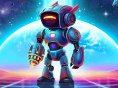 Desarrolladores de videojuegos acusados falsamente de usar inteligencia artificial Ilustración digital colorida de un robot humanoide con armadura metálica y detalles neón, de pie sobre una plataforma futurista con un planeta azul de fondo y un cielo estrellado al estilo retrofuturista.