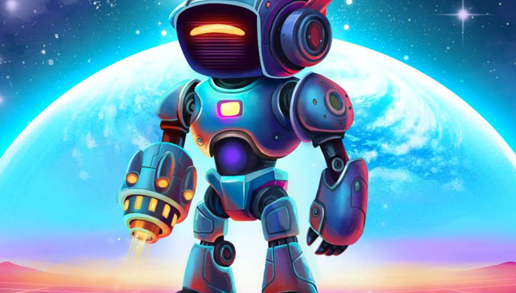 Ilustración digital colorida de un robot humanoide con armadura metálica y detalles neón, de pie sobre una plataforma futurista con un planeta azul de fondo y un cielo estrellado al estilo retrofuturista. Ilustración digital colorida de un robot humanoide con armadura metálica y detalles neón, de pie sobre una plataforma futurista con un planeta azul de fondo y un cielo estrellado al estilo retrofuturista.