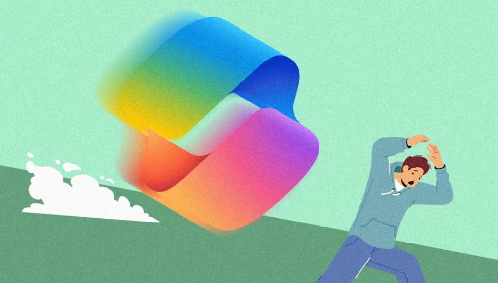 Un hombre corre asustado mientras es perseguido por un gran logo colorido de Microsoft 365 que parece estar en movimiento. El fondo es de color verde con un diseño minimalista. Un hombre corre asustado mientras es perseguido por un gran logo colorido de Microsoft 365 que parece estar en movimiento. El fondo es de color verde con un diseño minimalista.