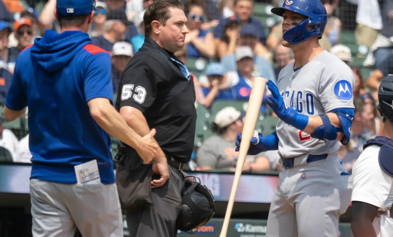 The referee MLB Derek Thomas obtains a 3rd strike error, aggravates things with a rapid ejection of Nico Hoerner of Cubs The referee MLB Derek Thomas obtains a 3rd strike error, aggravates things with a rapid ejection of Nico Hoerner of Cubs