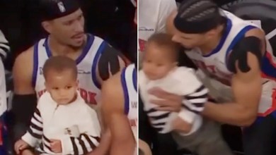 Josh Hart suddenly throws his 2-year-old son to teammate Mitchell Robinson on the Knicks bench to get back in the game Josh Hart suddenly throws his 2-year-old son to teammate Mitchell Robinson on the Knicks bench to get back in the game