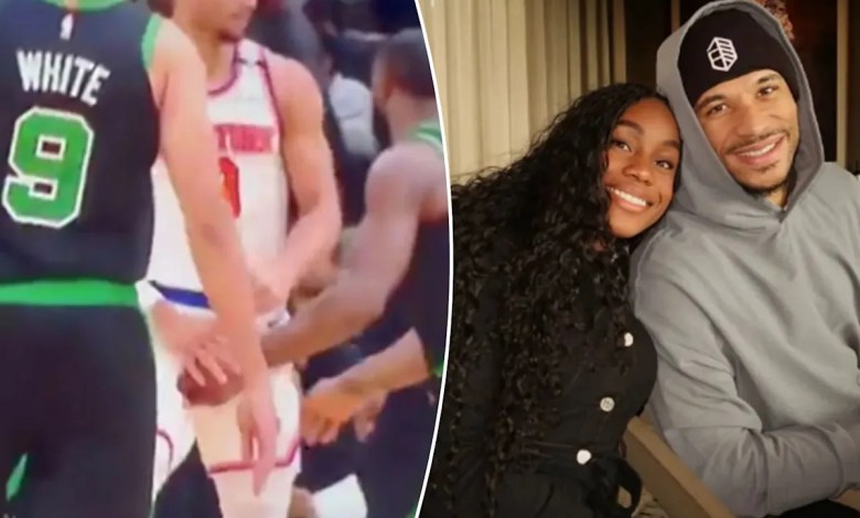 Josh Hart’s wife, Shannon, has a reaction of a word to the seizure of Jaylen Brown’s crotch on Star Knicks Josh Hart’s wife, Shannon, has a reaction of a word to the seizure of Jaylen Brown’s crotch on Star Knicks