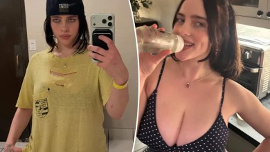 Billie Eilish swaps her baggy clothes for a plunging polka dot tank Billie Eilish swaps her baggy clothes for a plunging polka dot tank