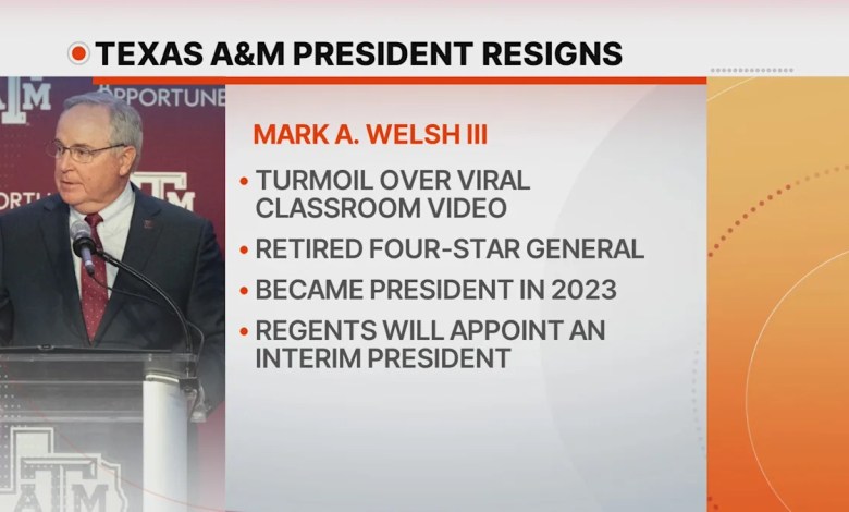Texas A&M President Mark A. Welsh III stepped down after a week of turmoil in viral classroom videos Texas A&M President Mark A. Welsh III stepped down after a week of turmoil in viral classroom videos