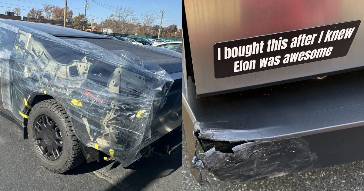 The Only Thing Sadder Than This Cybertruck’s Gaping Wound Is Its Bumper Sticker The Only Thing Sadder Than This Cybertruck’s Gaping Wound Is Its Bumper Sticker