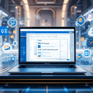 Stylized laptop displaying MS 365 email hosting with Outlook and floating Microsoft 365 tool icons. Stylized laptop displaying MS 365 email hosting with Outlook and floating Microsoft 365 tool icons.