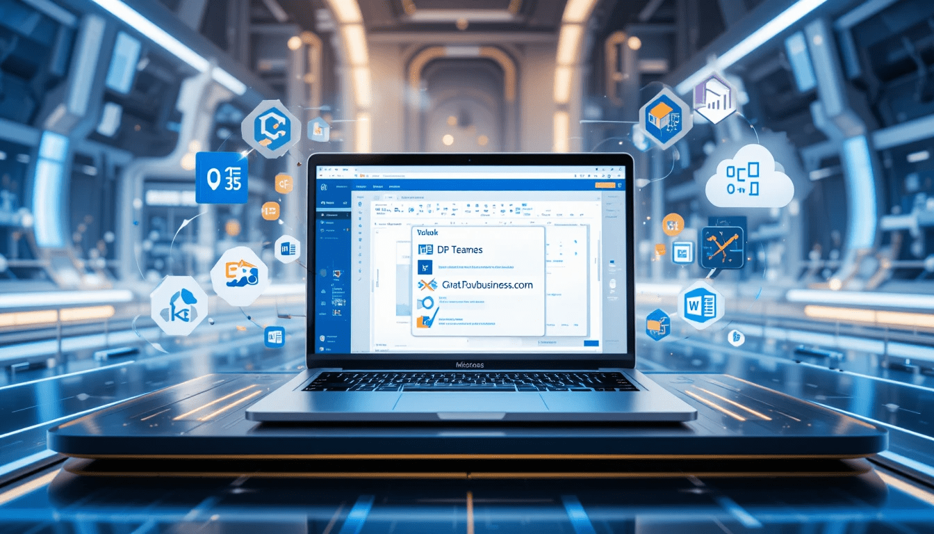 Stylized laptop displaying MS 365 email hosting with Outlook and floating Microsoft 365 tool icons. Stylized laptop displaying MS 365 email hosting with Outlook and floating Microsoft 365 tool icons.