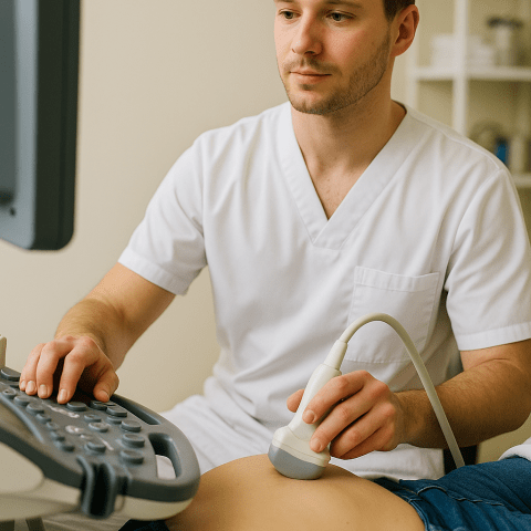 Ultrasound technician performing abdominal scan in clinical setting Ultrasound technician performing abdominal scan in clinical setting