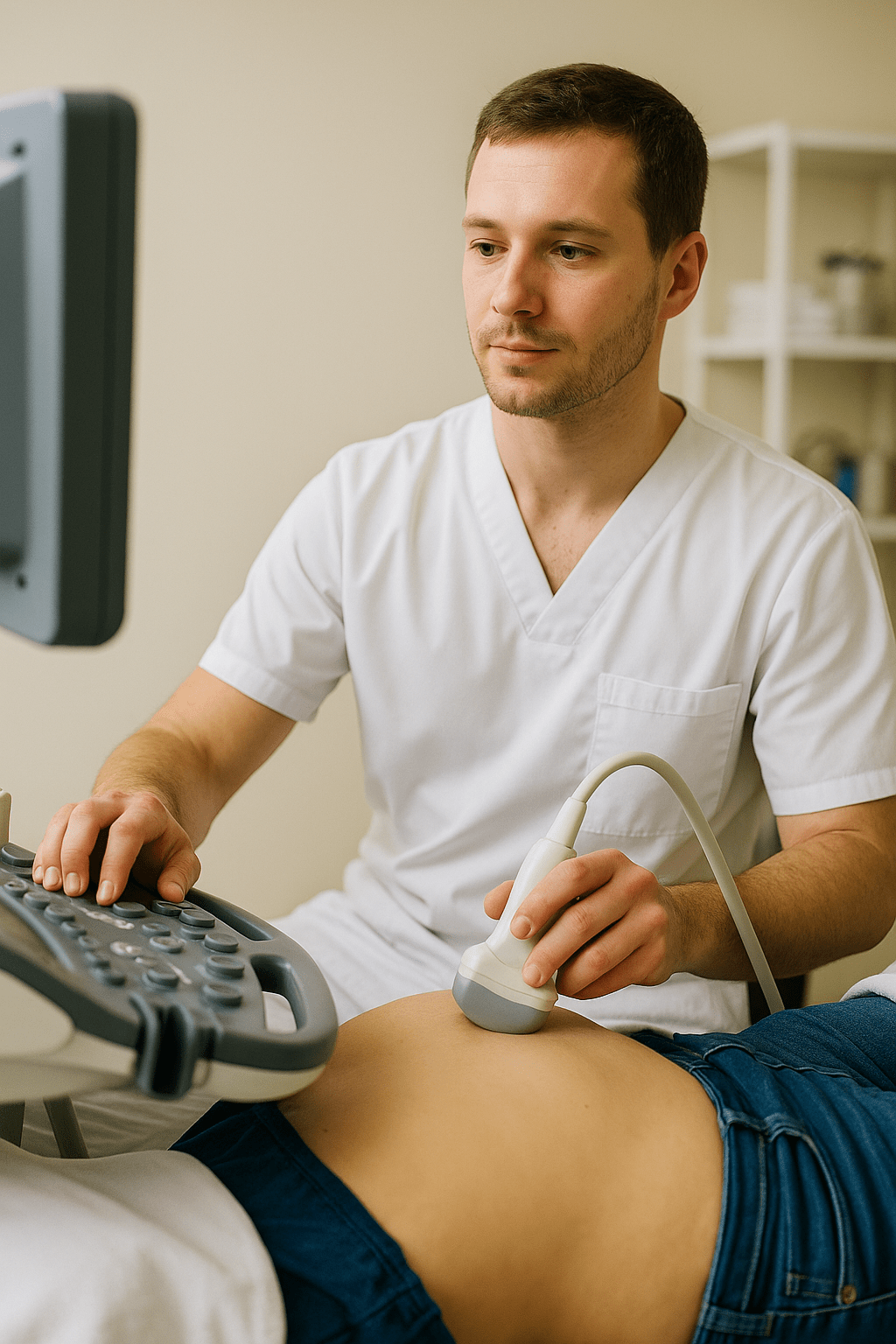 Ultrasound technician performing abdominal scan in clinical setting Ultrasound technician performing abdominal scan in clinical setting