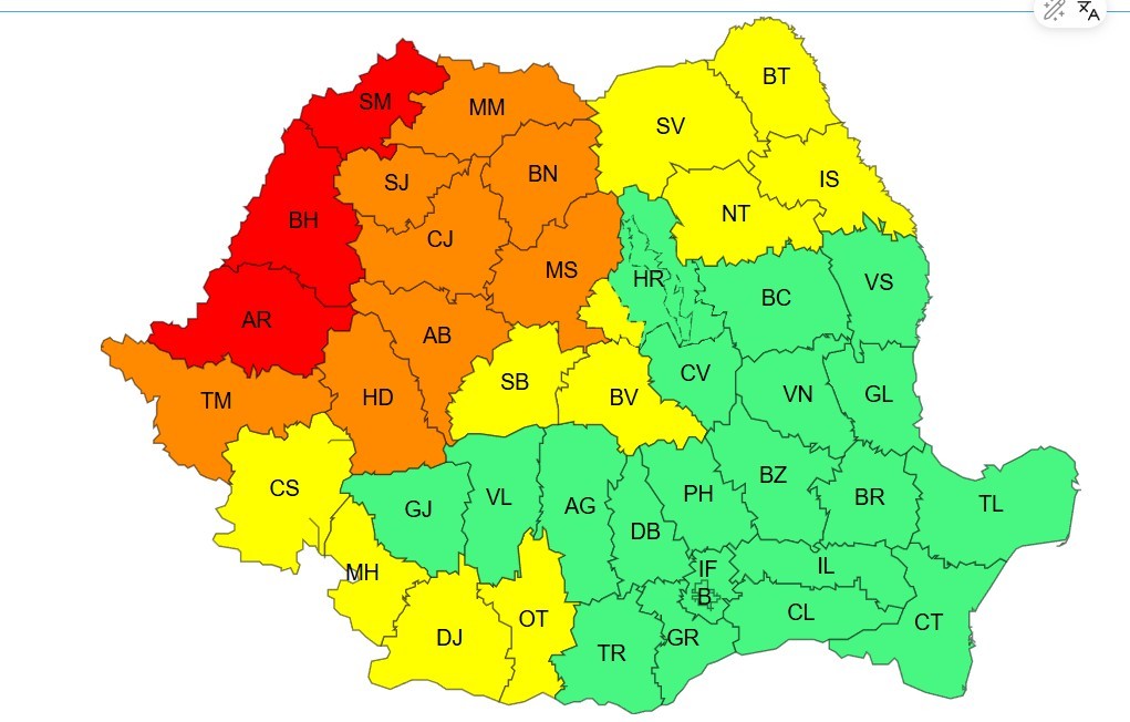 Harta meteorologică cu cod roșu pentru caniculă România în județele Satu Mare, Bihor și Arad, indicând disconfort termic sever și temperaturi peste 40°C. | sursa foto: News.ro Harta meteorologică cu cod roșu pentru caniculă România în județele Satu Mare, Bihor și Arad, indicând disconfort termic sever și temperaturi peste 40°C. | sursa foto: News.ro