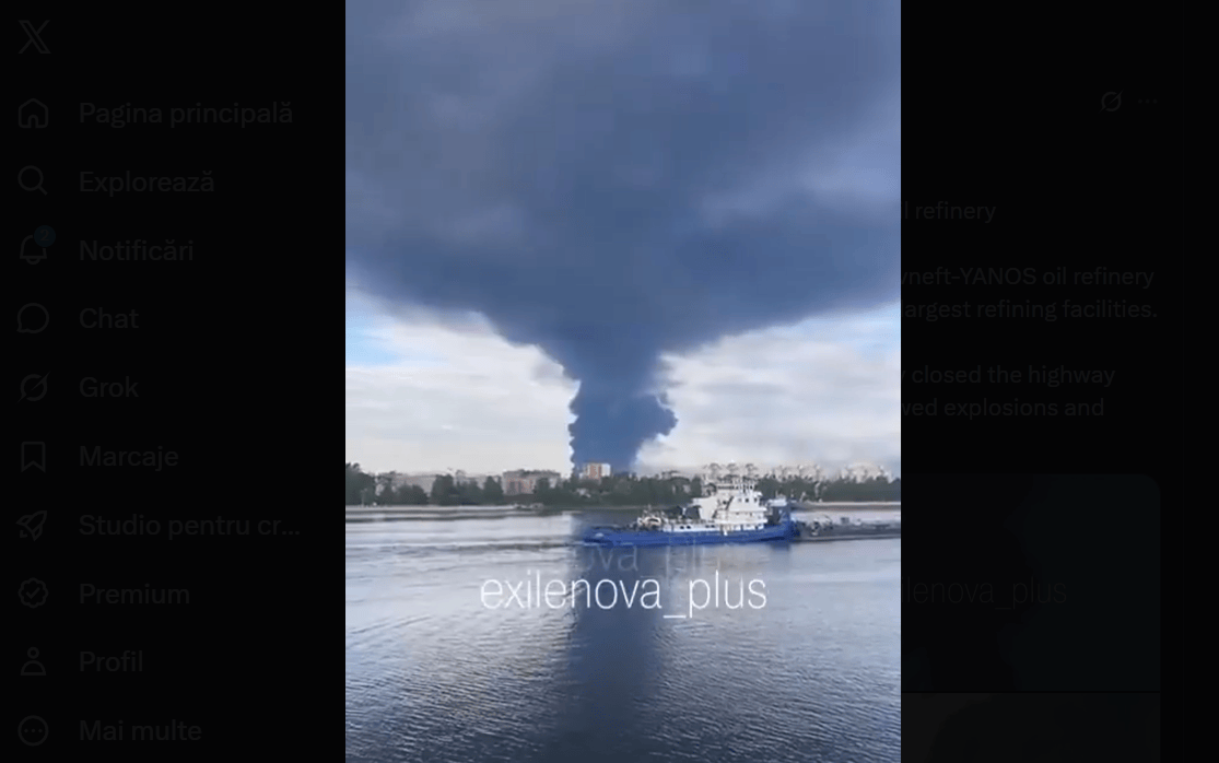 Explozie și fum dens deasupra rafinăriei Slavneft-Yanos în Rusia, țintită de atac rafinărie Rusia cu drone ucrainene asupra infrastructurii energetice ruse. | sursa foto: G4Media Explozie și fum dens deasupra rafinăriei Slavneft-Yanos în Rusia, țintită de atac rafinărie Rusia cu drone ucrainene asupra infrastructurii energetice ruse. | sursa foto: G4Media