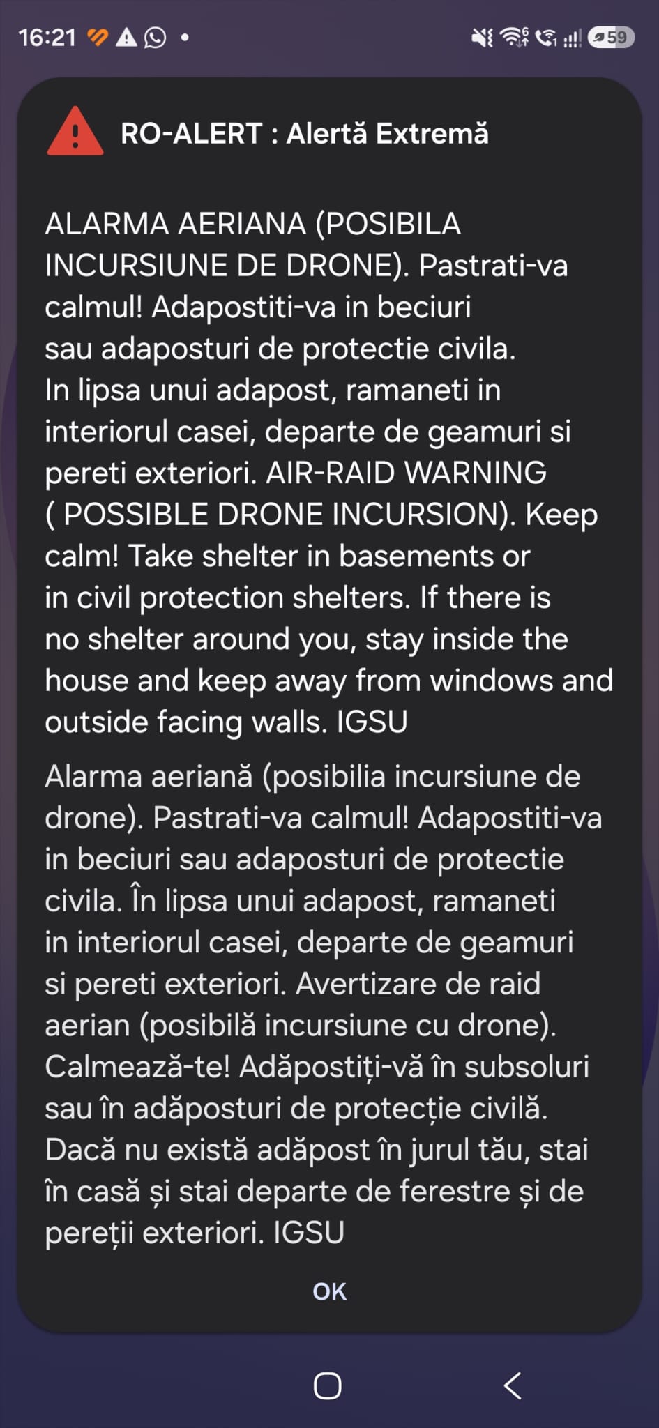 Ecran telefon mobil afișând mesaj RoAlert cu alarmă dronă Botoșani și recomandări pentru adăpost protecție civilă imediată. | sursa foto: G4Media Ecran telefon mobil afișând mesaj RoAlert cu alarmă dronă Botoșani și recomandări pentru adăpost protecție civilă imediată. | sursa foto: G4Media