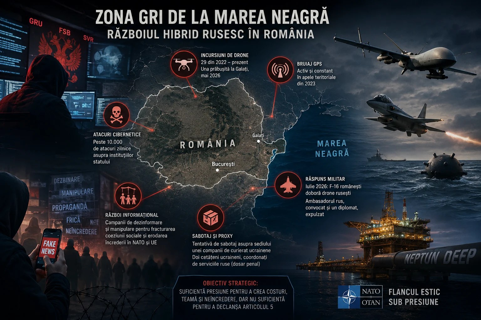 Harta regiunii Mării Negre cu marcaje pentru atacuri cibernetice, bruiaj GPS și activități de război hibrid Rusia în zona României. | sursa foto: Adevarul Harta regiunii Mării Negre cu marcaje pentru atacuri cibernetice, bruiaj GPS și activități de război hibrid Rusia în zona României. | sursa foto: Adevarul