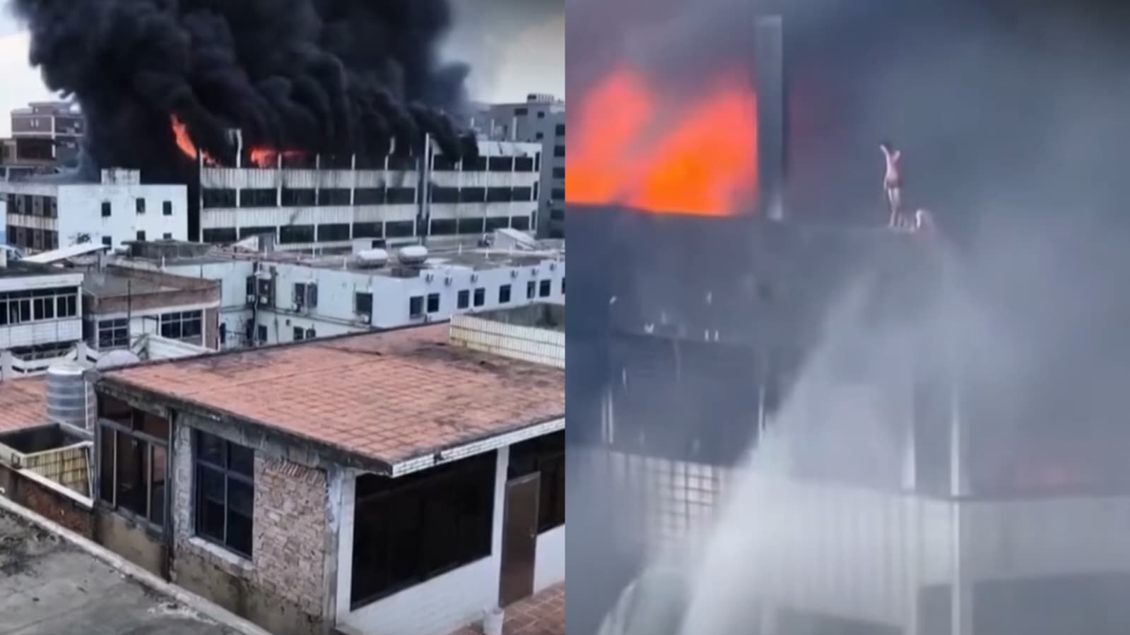 Flăcări și fum dens ies din fabrica de încălțăminte în flăcări, cu intervenție pompieri pentru salvarea victimelor incendiu. | sursa foto: WowBiz Flăcări și fum dens ies din fabrica de încălțăminte în flăcări, cu intervenție pompieri pentru salvarea victimelor incendiu. | sursa foto: WowBiz