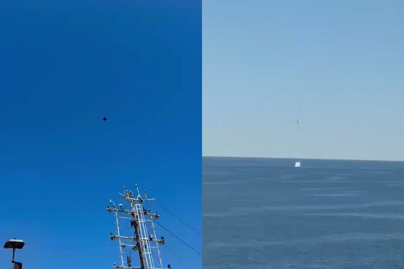 Avion F-16 al Forțelor Aeriene Române trăgând cu tunul asupra unei drone marine explozibile lângă platforma Neptun Deep în Marea Neagră. | sursa foto: HotNews Avion F-16 al Forțelor Aeriene Române trăgând cu tunul asupra unei drone marine explozibile lângă platforma Neptun Deep în Marea Neagră. | sursa foto: HotNews
