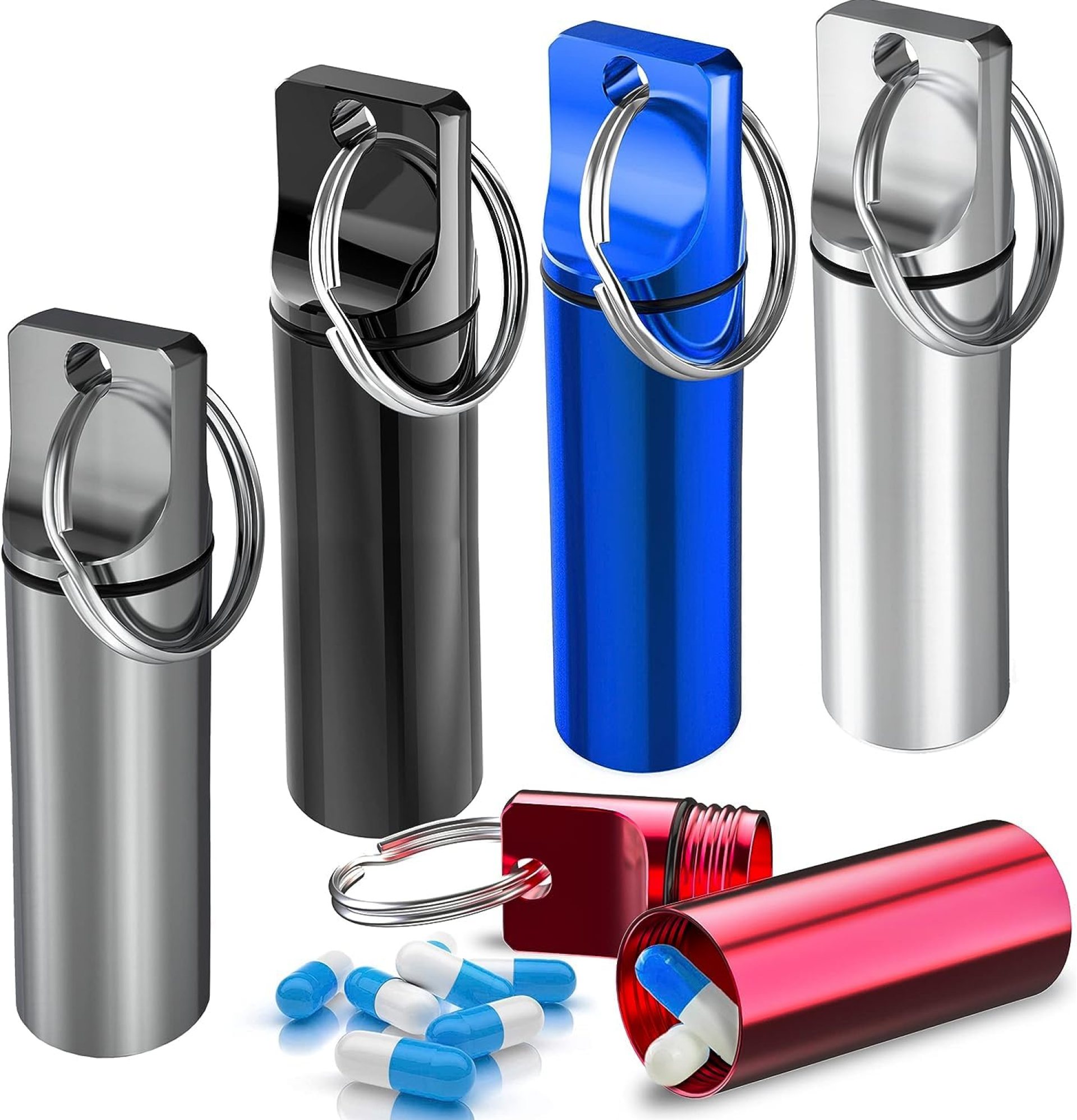 Keychain Pill Holder (5 Pack), Aluminum Waterproof Portable Small Travel Medicine Bottle Case Box Container for Purse, Mini Metal Capsule/Tablet Keeper Pocket Organizer for Men & Women Keychain Pill Holder (5 Pack), Aluminum Waterproof Portable Small Travel Medicine Bottle Case Box Container for Purse, Mini Metal Capsule/Tablet Keeper Pocket Organizer for Men & Women