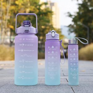 JUGTE Plastic Motivational Water Bottle With Time & Capacity Marker Leakproof Unbreakable Water Bottle For Gym Office Set Of 3 Daily Tracking Time Marks (Purple), 2 Liters