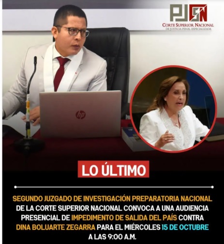 Audiencia de impedimento de salida del país de Dina Boluarte, se realizará el 15 de octubre Audiencia de impedimento de salida del país de Dina Boluarte, se realizará el 15 de octubre
