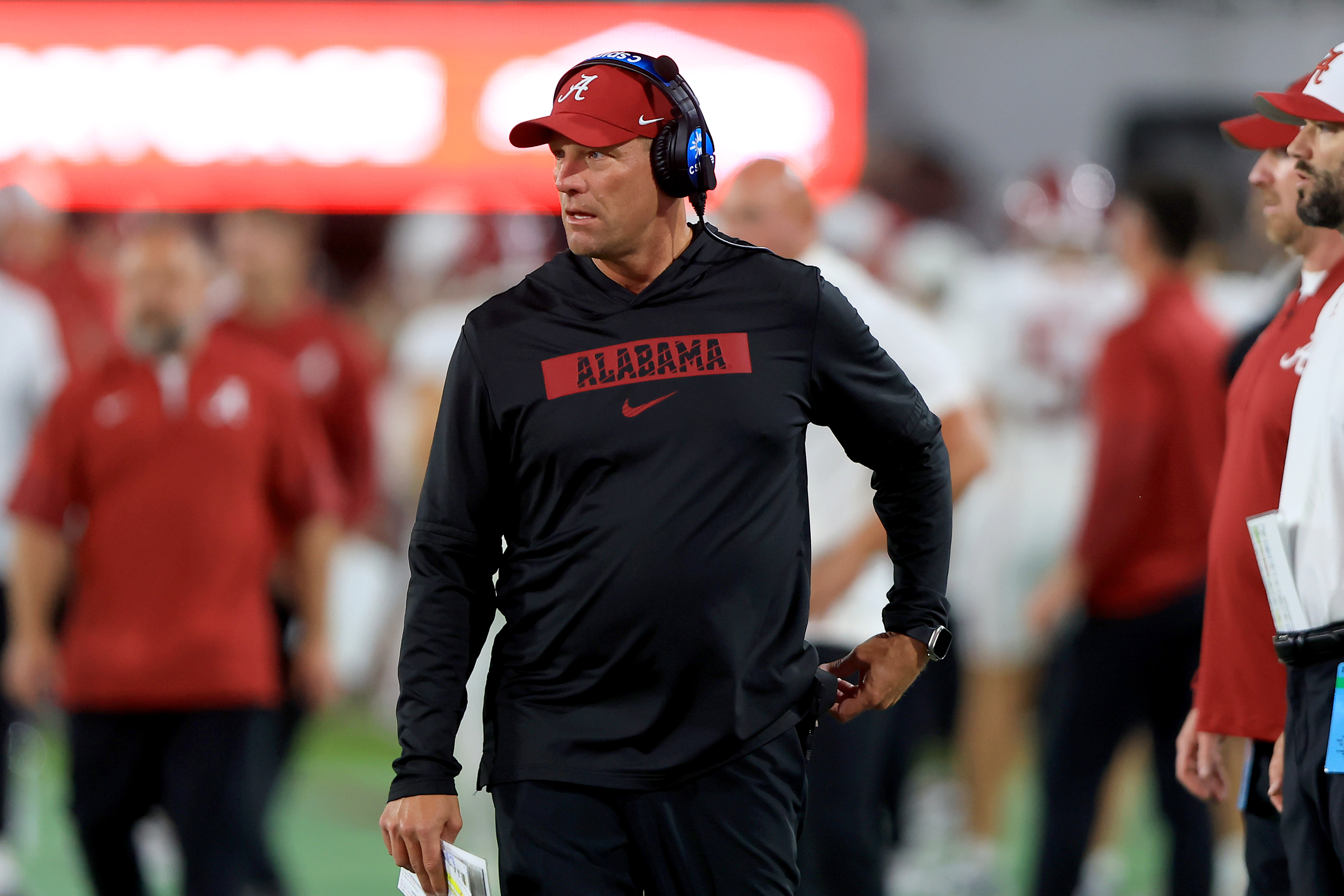ATHENS, GA - SEPTEMBER 27: Head coach Kalen DeBoer of the Alabama Crimson Tide paces the sidelines during the Saturday evening college football game between the Alabama Crimson Tide and the University of Georgia Bulldogs on September 27, 2025 at Sanford Stadium in Athens, GA. (Photo by David J. Griffin/Icon Sportswire via Getty Images)