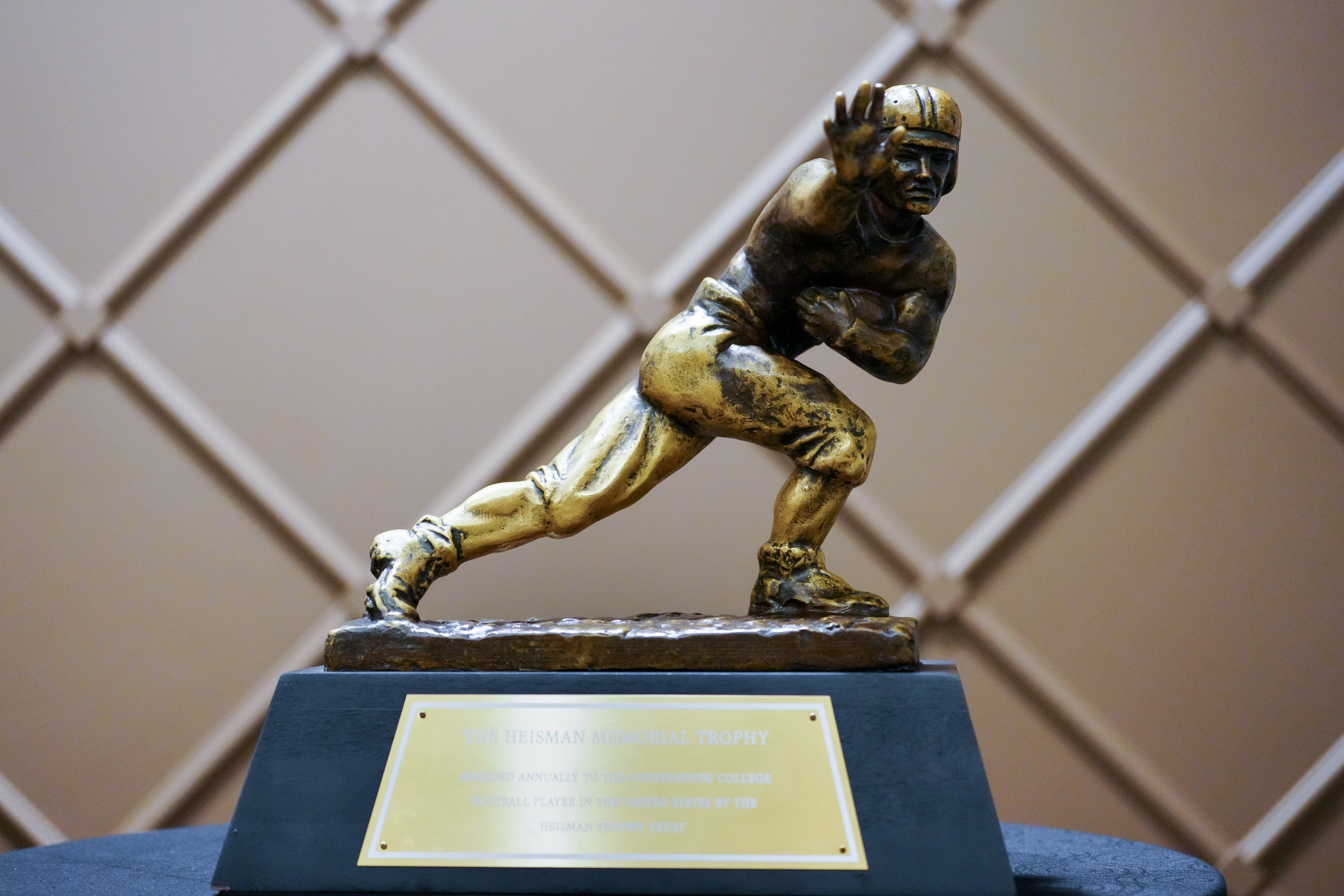 LAS VEGAS, NEVADA - JULY 23: The Heisman Memorial trophy on display during the 2025 Big Ten Football Media Days at Mandalay Bay Convention Center on July 23, 2025 in Las Vegas, Nevada. (Photo by Louis Grasse/Getty Images)