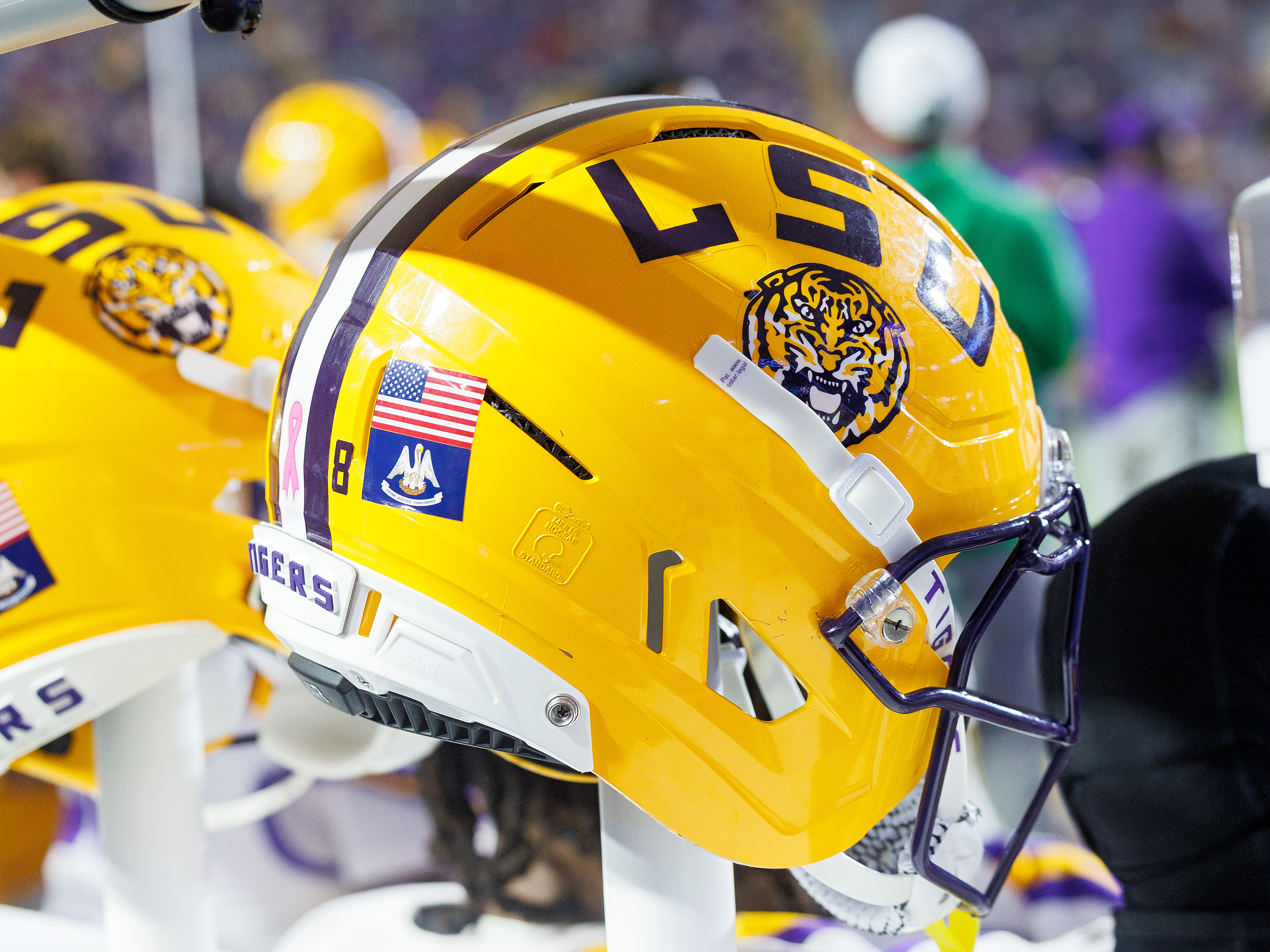 BATON ROUGE, LA - OCTOBER 25: A LSU Tigers helmet rests on the sideline during a game between the LSU Tigers and the Texas A&M Aggies on October 25, 2025, at Tiger Stadium in Baton Rouge, Louisiana. (Photo by John Korduner/Icon Sportswire via Getty Images)