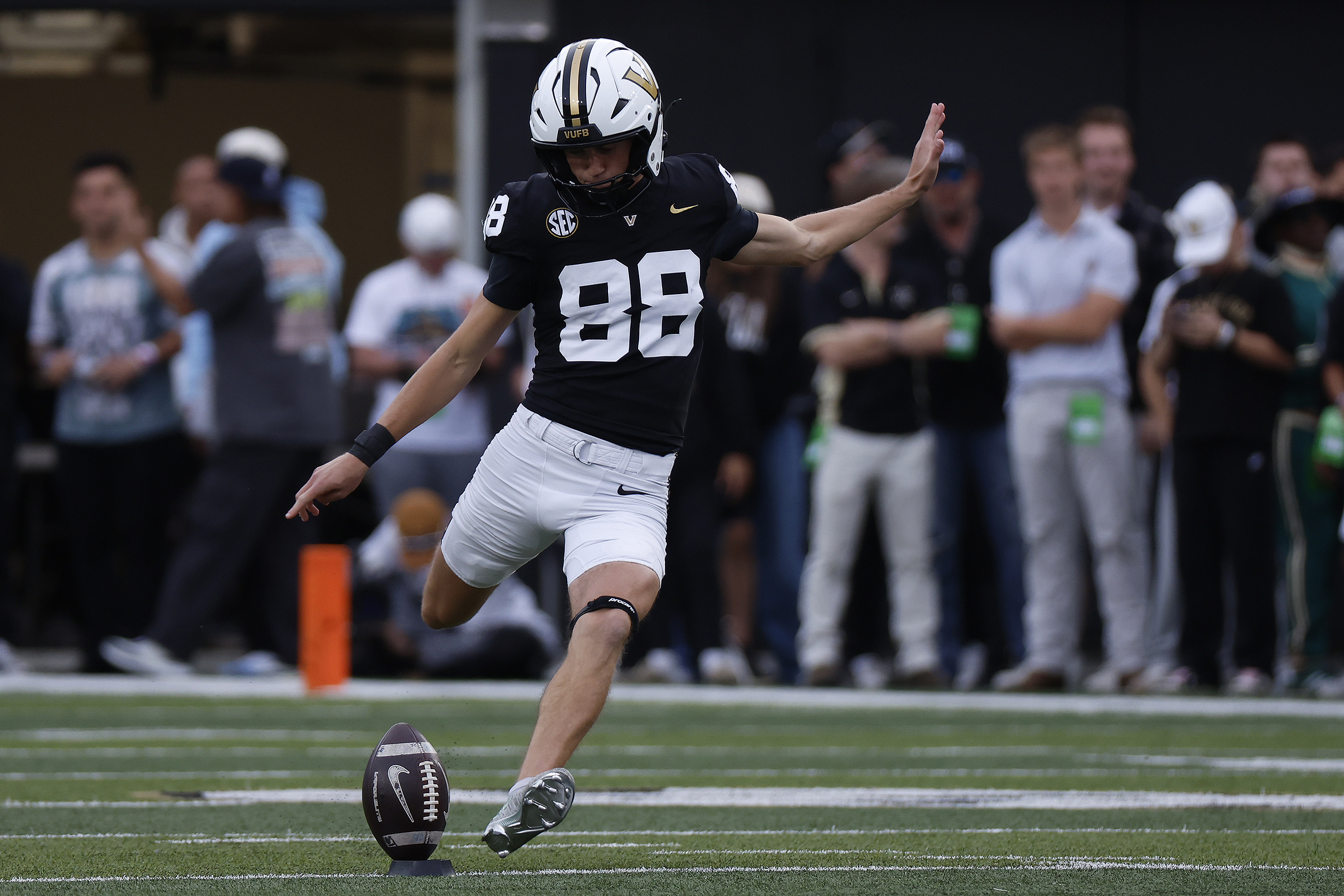 NASHVILLE, TN - OCTOBER 25: Vanderbilt Commodores kicker Brock Taylor #88 kicks off during a game between the Vanderbilt Commodores and Missouri Tigers, October 25, 2025 at FirstBank Stadium in Nashville, Tennessee. (Photo by Matthew Maxey/Icon Sportswire via Getty Images)
