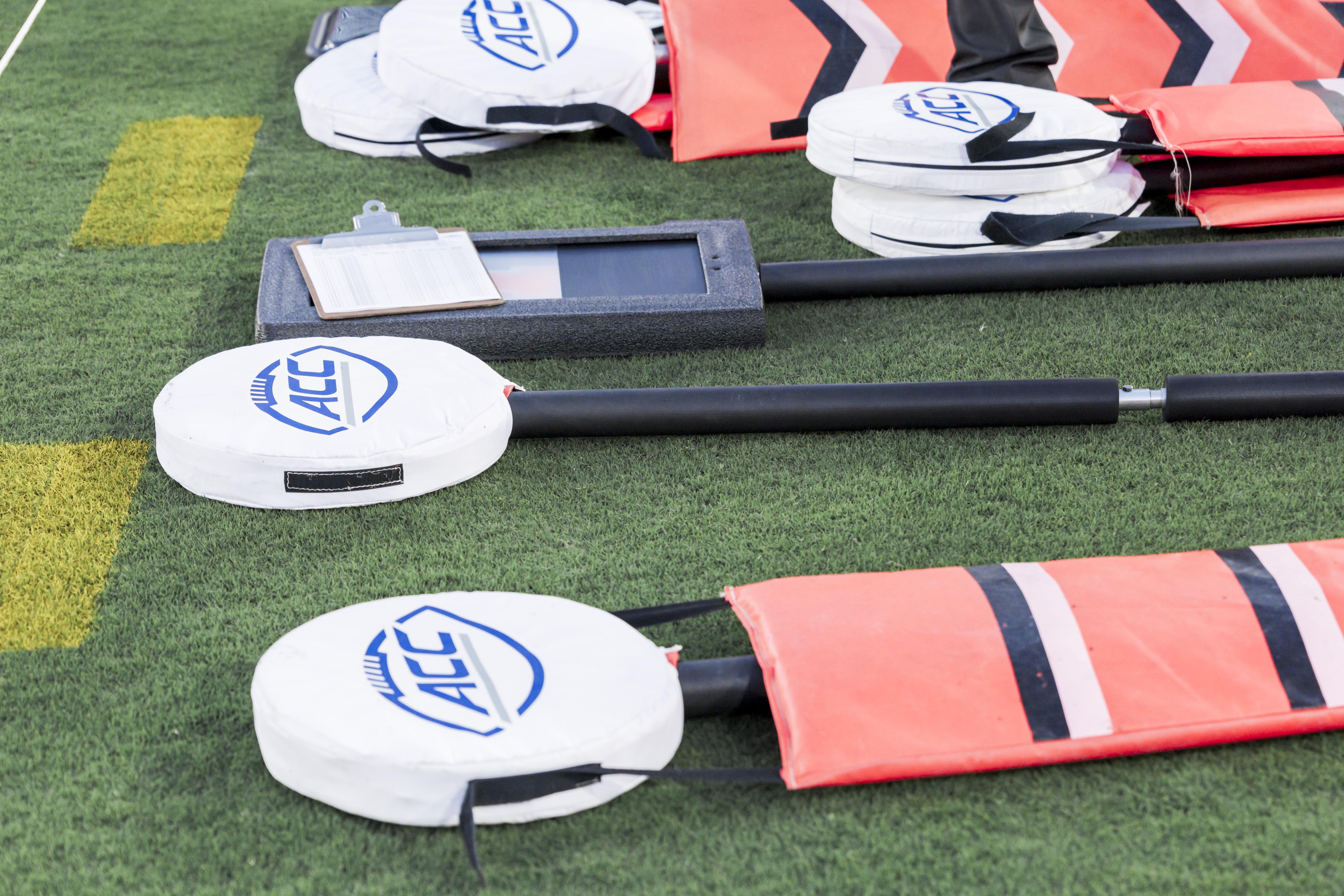PALO ALTO, CA - OCTOBER 18: A close up view of the down markers with ACC logos used by the officiating crew on the field at Stanford Stadium before an ACC game between the Stanford Cardinal and the Florida State Seminoles played on October 18, 2025 at Stanford Stadium on the campus of Stanford University in Palo Alto, California. (Photo by David Madison/Getty Images)