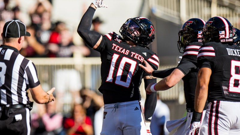 Star Texas Tech linebacker Jacob Rodriguez strikes Heisman pose after scoring the first offensive TD of his career Star Texas Tech linebacker Jacob Rodriguez strikes Heisman pose after scoring the first offensive TD of his career