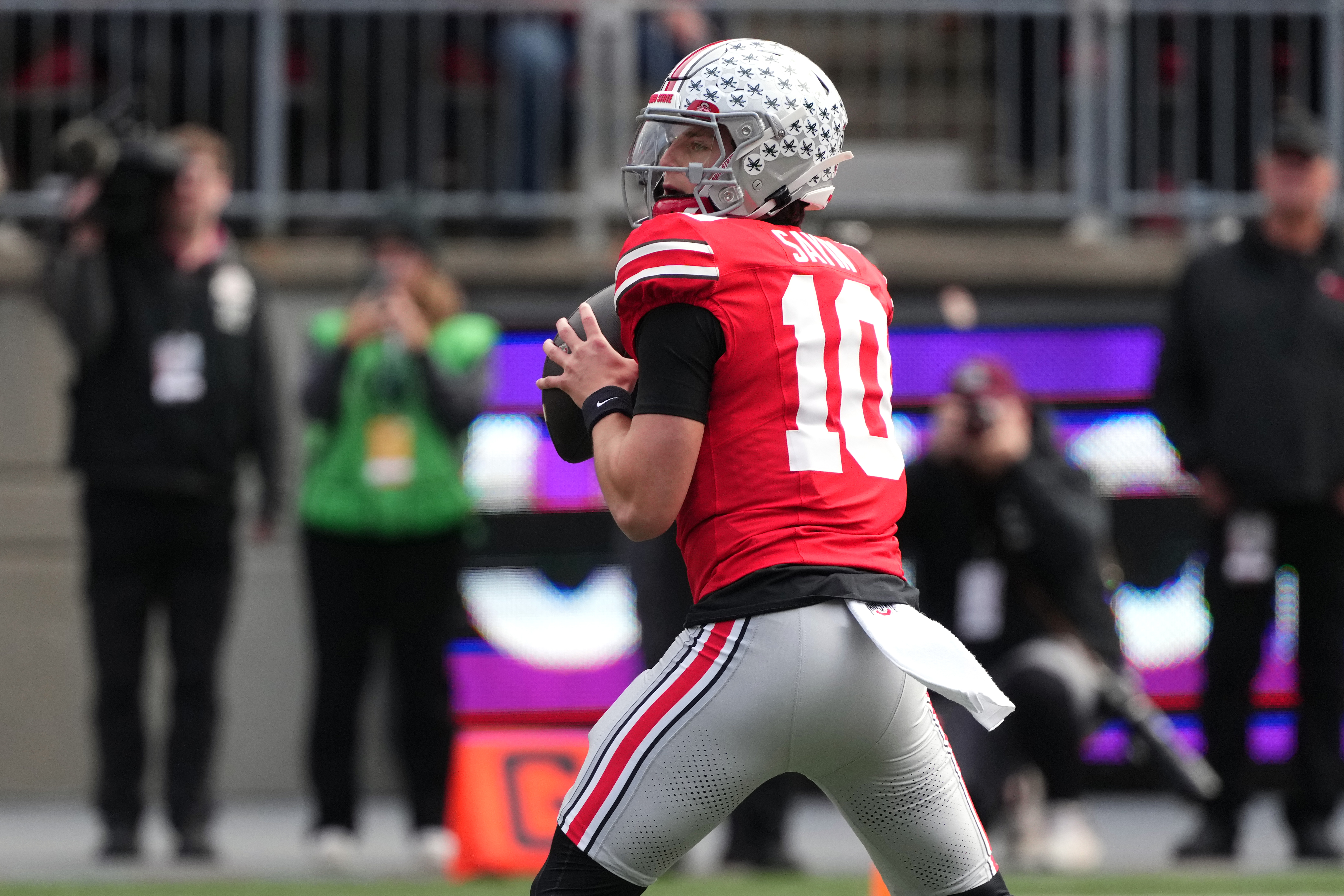 COLUMBUS, OHIO - NOVEMBER 01: Quarterback Julian Sayin #10 of the Ohio State Buckeyes looks to pass the ball during the first quarter against the Penn State Nittany Lions at Ohio Stadium on November 01, 2025 in Columbus, Ohio. (Photo by Jason Mowry/Getty Images)