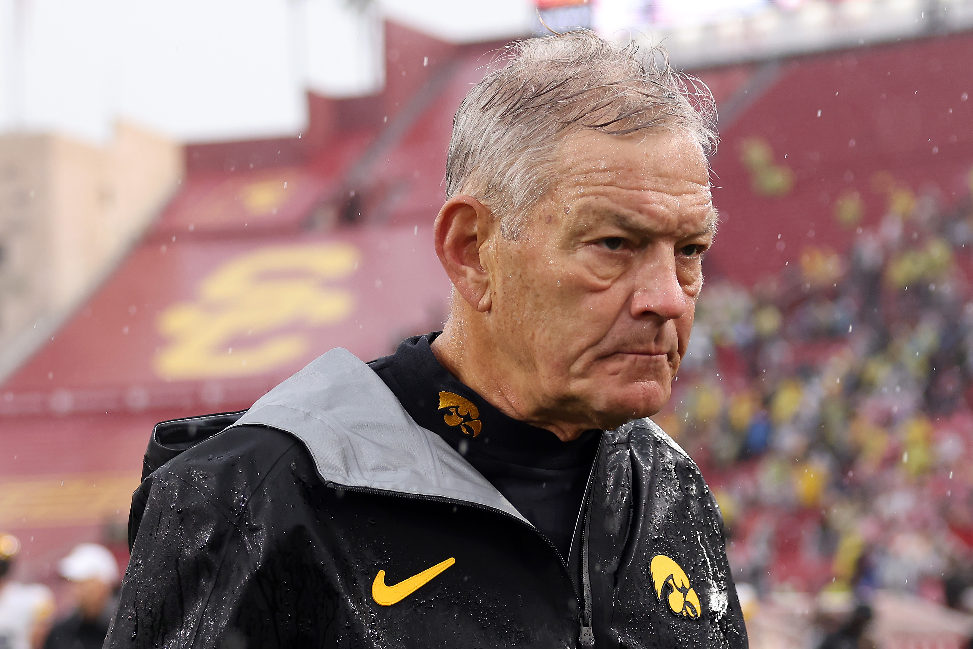 LOS ANGELES, CALIFORNIA - NOVEMBER 15: Head coach Kirk Ferentz of the Iowa Hawkeyes walks off the field after the 26-21 loss against the USC Trojans at Los Angeles Memorial Coliseum on November 15, 2025 in Los Angeles, California. (Photo by Katelyn Mulcahy/Getty Images)