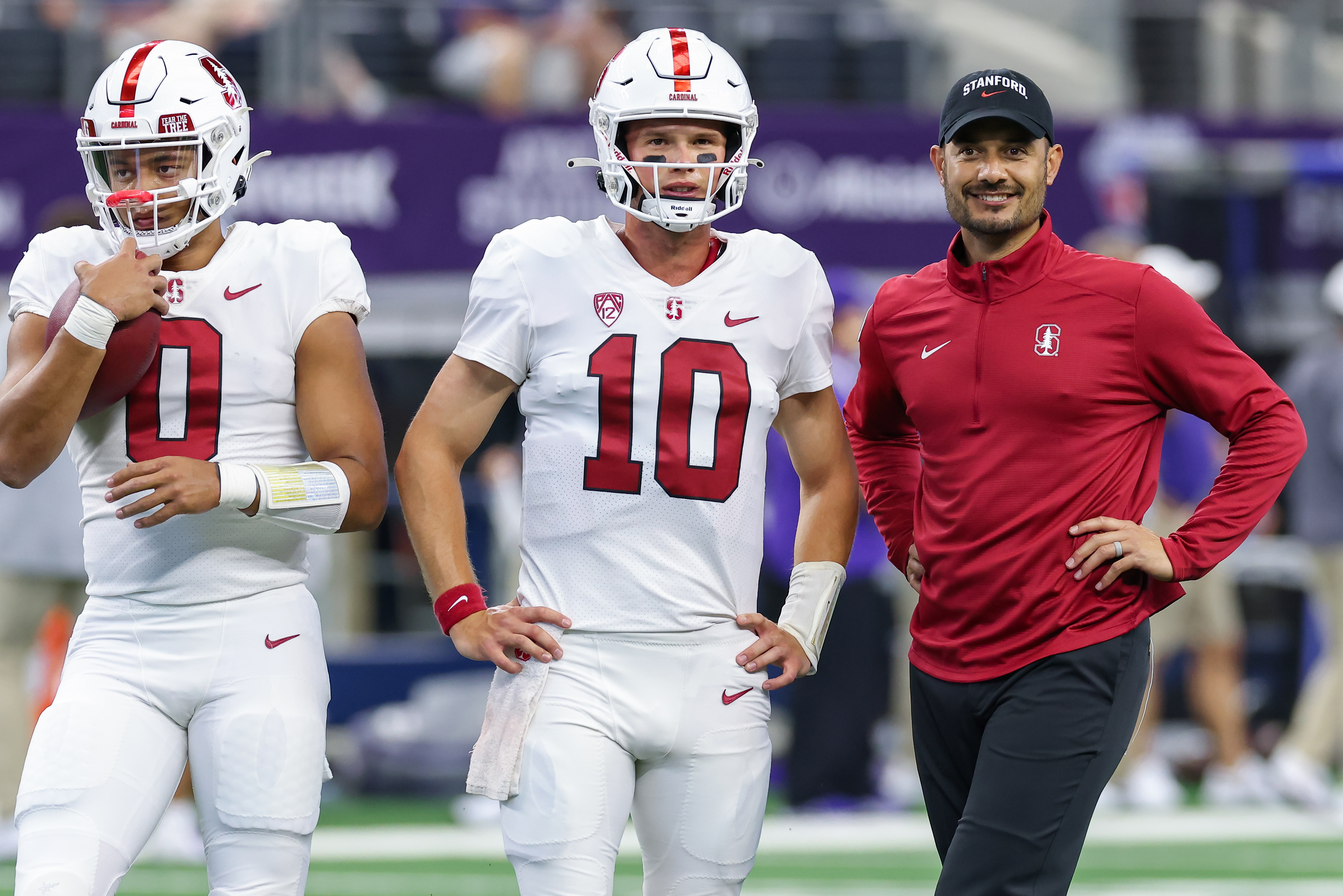 ARLINGTON, TX - SEPTEMBER 04: Stanford Cardinal quarterback Jack West (#10) and quarterbacks coach Tavita Pritchard look to the sideline during the Allstate Kickoff Classic college football game between the Stanford Cardinal and Kansas State Wildcats on September 4, 2021 at AT&T Stadium in Arlington, TX. (Photo by Matthew Visinsky/Icon Sportswire via Getty Images)