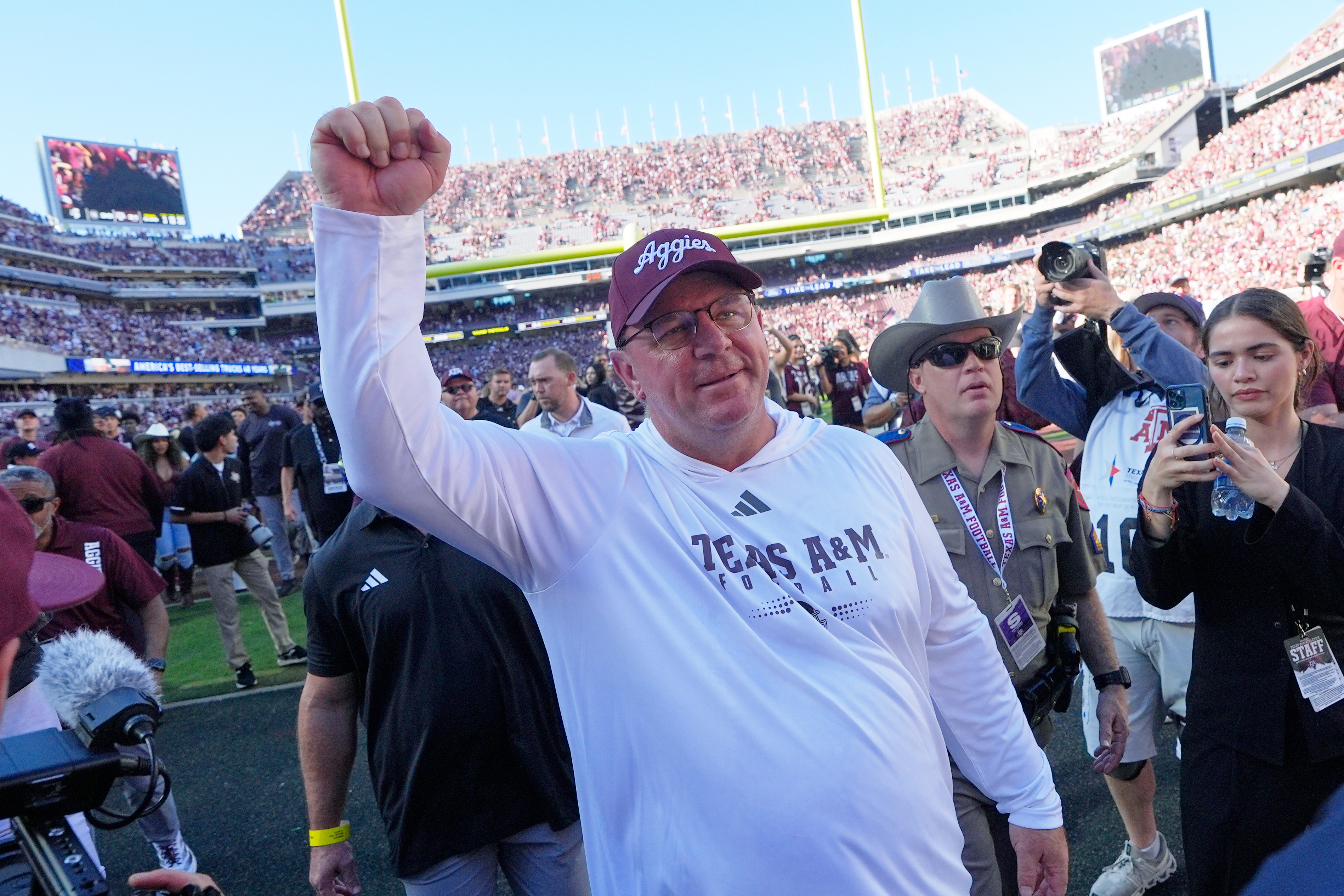 Texas A&M head coach Mike Elko celebrates after an NCAA college football game against South Carolina Saturday, Nov. 15, 2025, in College Station, Texas. (AP Photo/David J. Phillip)