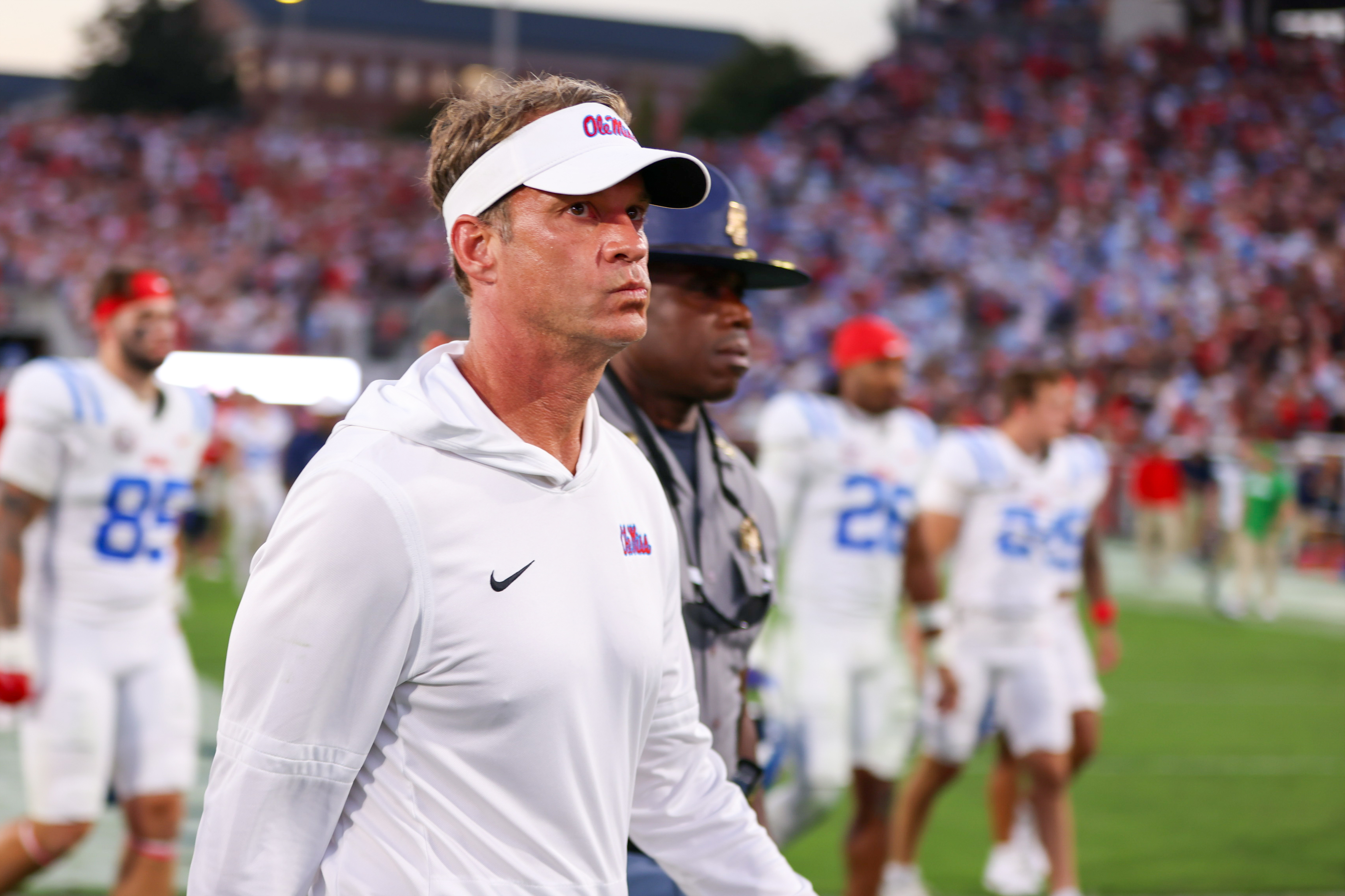 ATHENS, GEORGIA - OCTOBER 18: Head coach Lane Kiffin of the Mississippi Rebels walks off the field after a game between the Georgia Bulldogs and the Mississippi Rebels at Sanford Stadium on October 18, 2025 in Athens, Georgia. (Photo by Roger Wimmer/ISI Photos/ISI Photos via Getty Images)